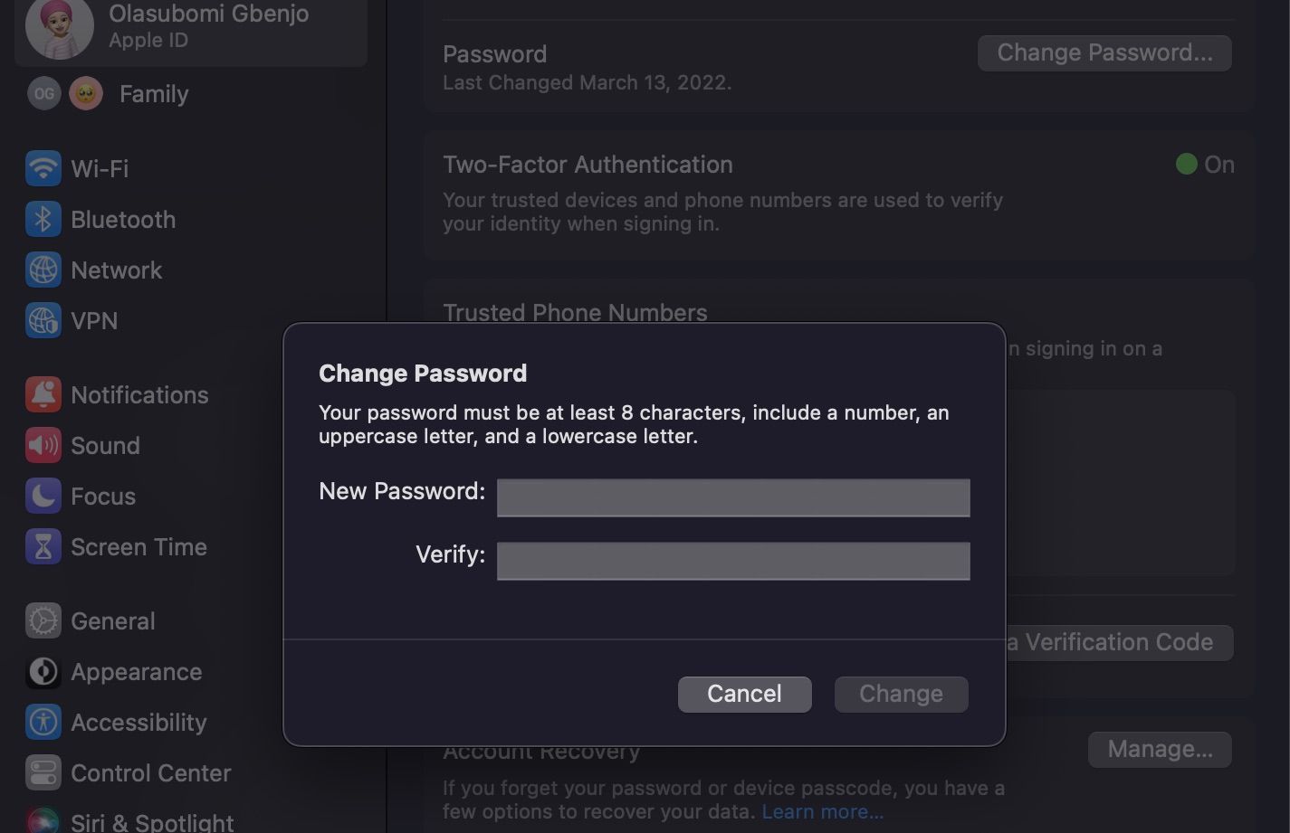 Screenshot of changing Apple ID password