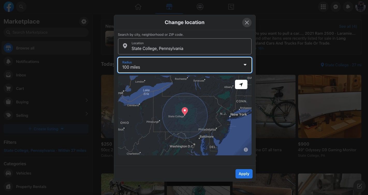 screenshot of facebook marketplace location filter