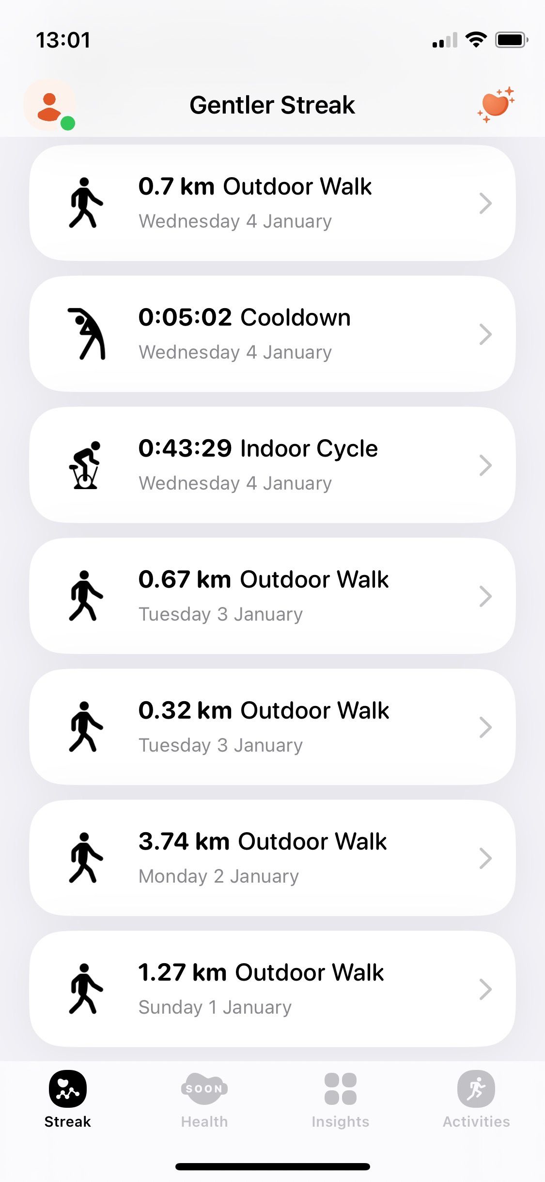 Screenshot of Gentler Streak app activity recording