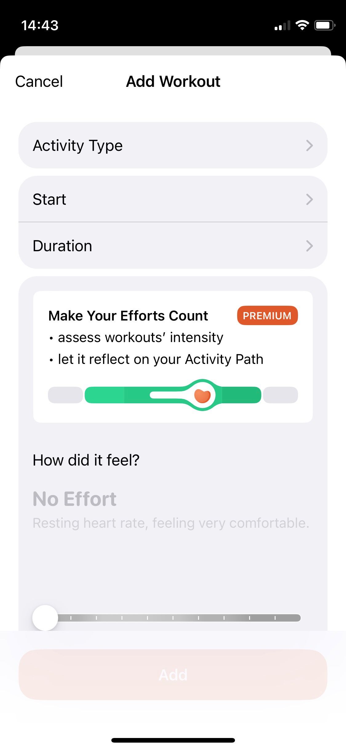Screenshot of Gentler Streak app add workout