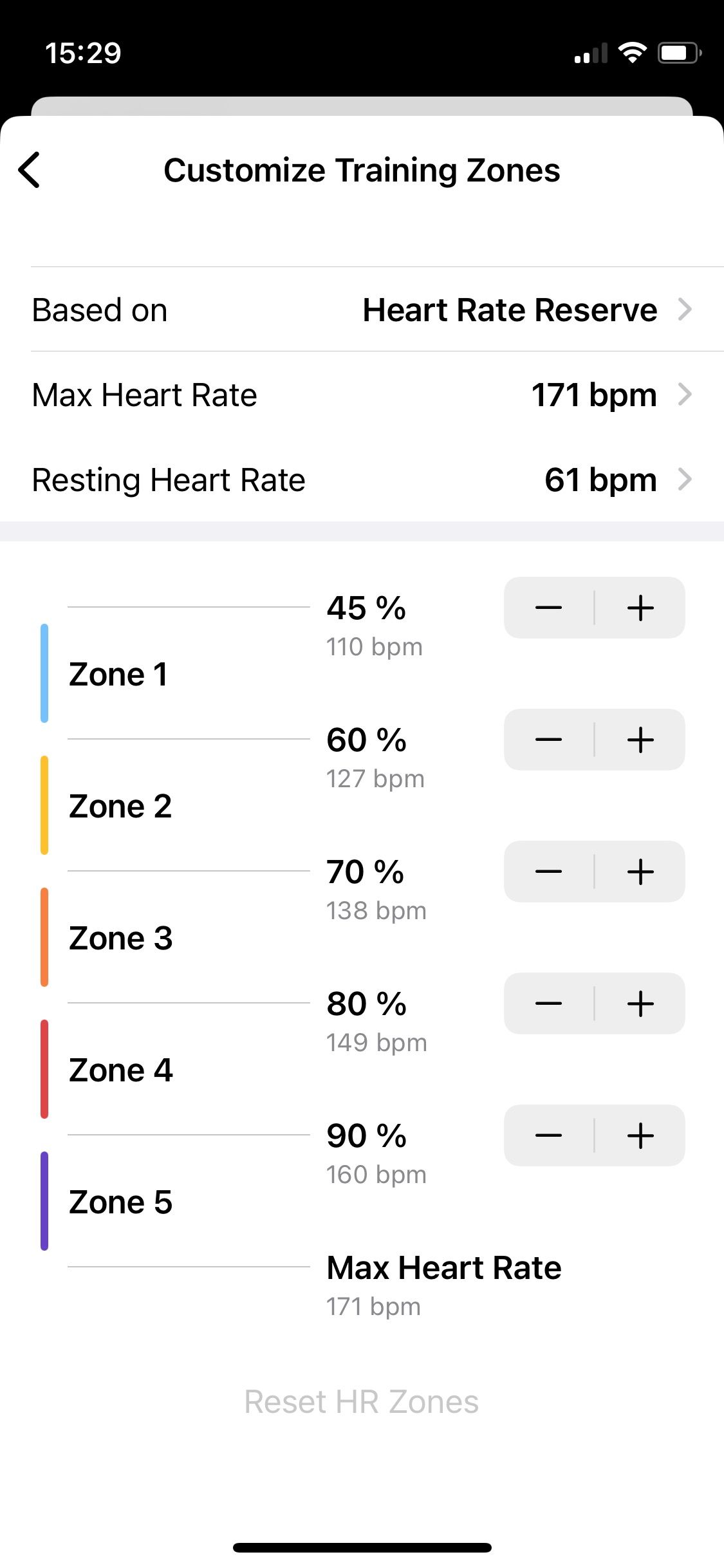 Screenshot of Gentler Streak app Customize training zones