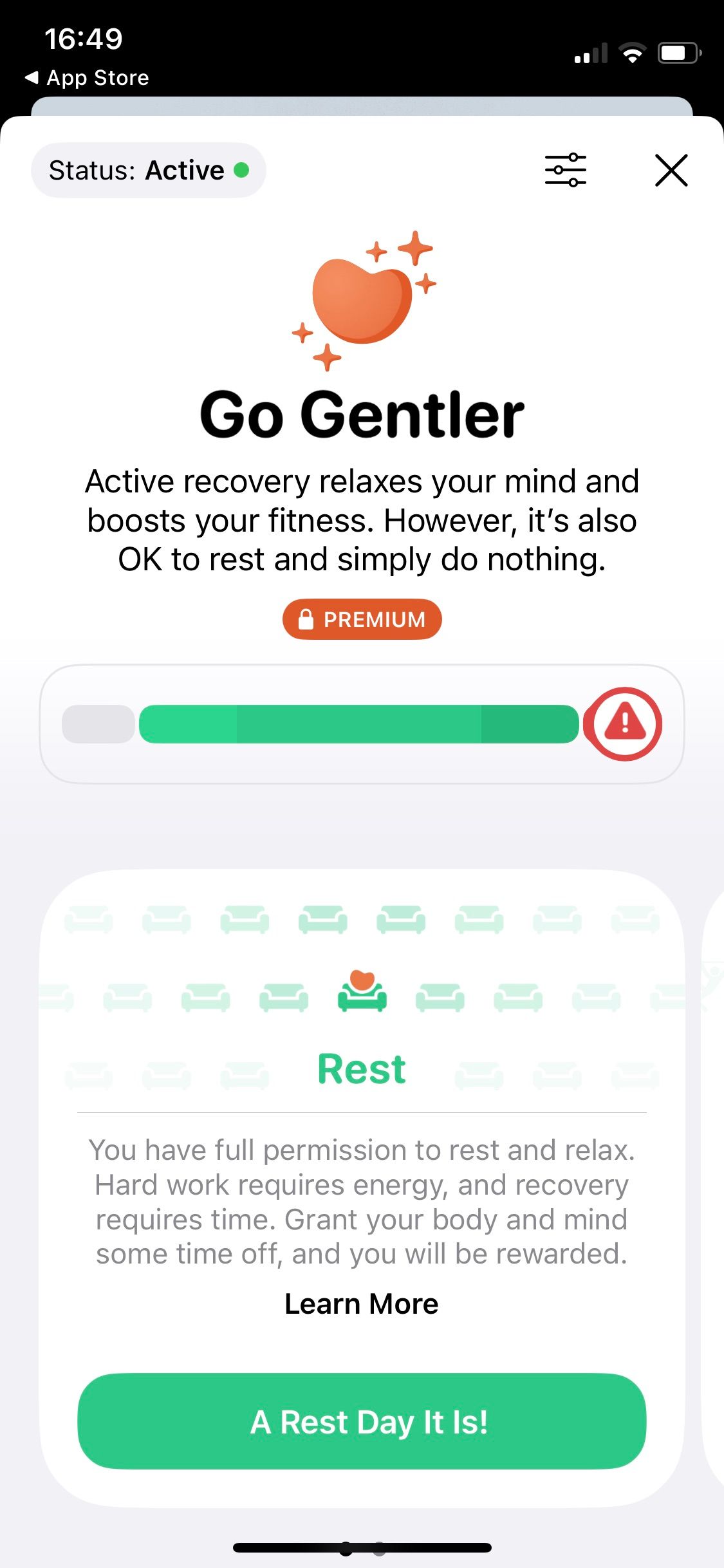 Screenshot of Gentler Streak app Go Gentler feature