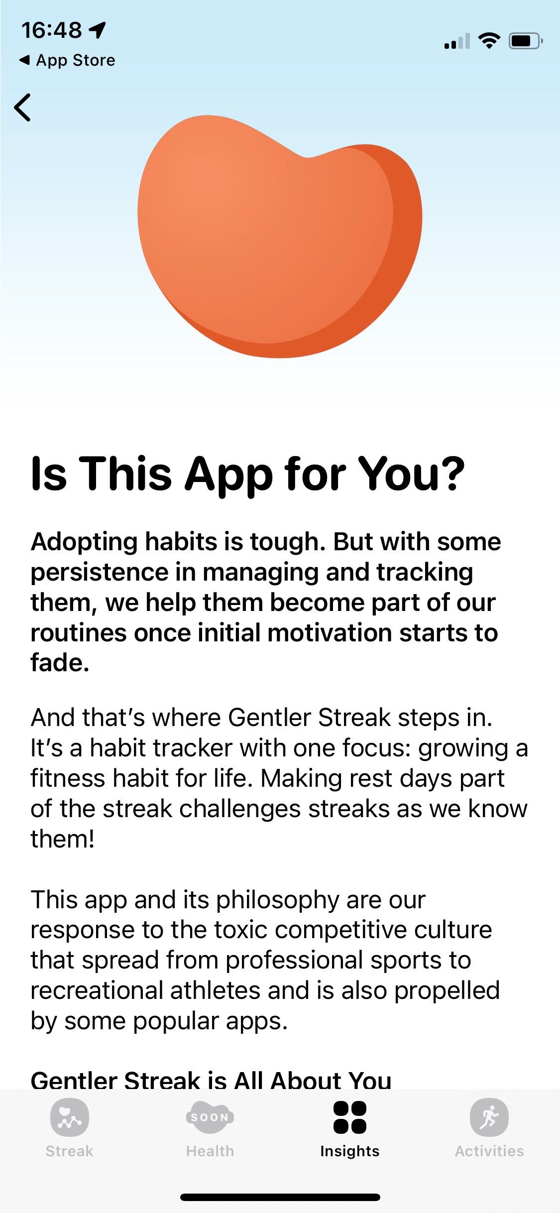 Screenshot of Gentler Streak app introduction screen