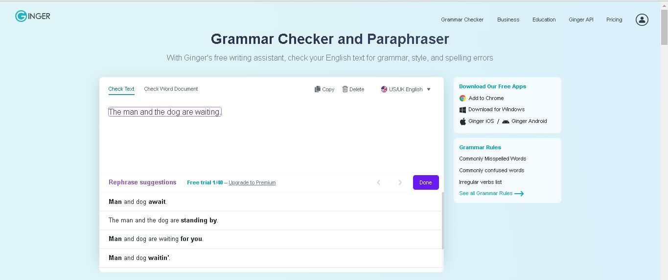 Screenshot of Ginger's Grammar Checker page