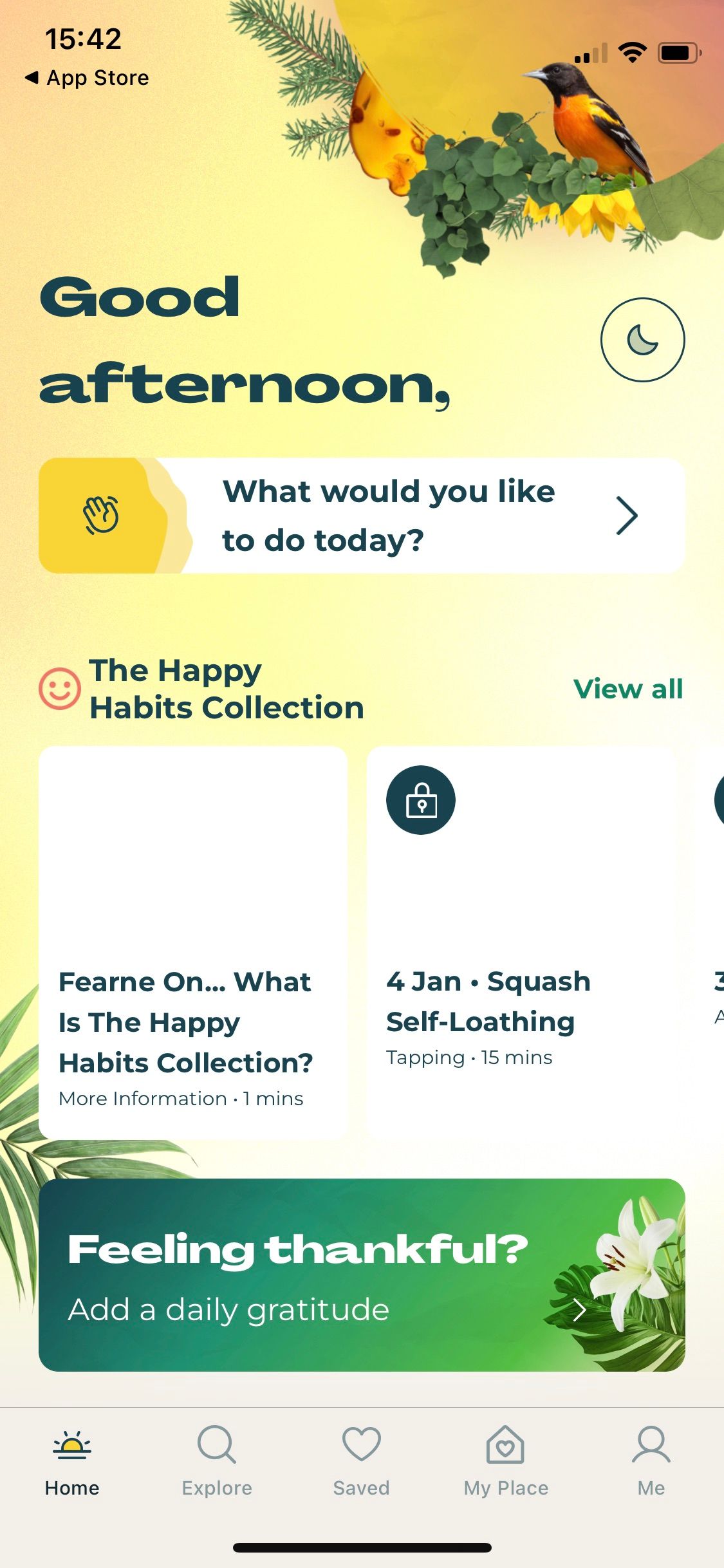 Screenshot of Happy Place app home screen