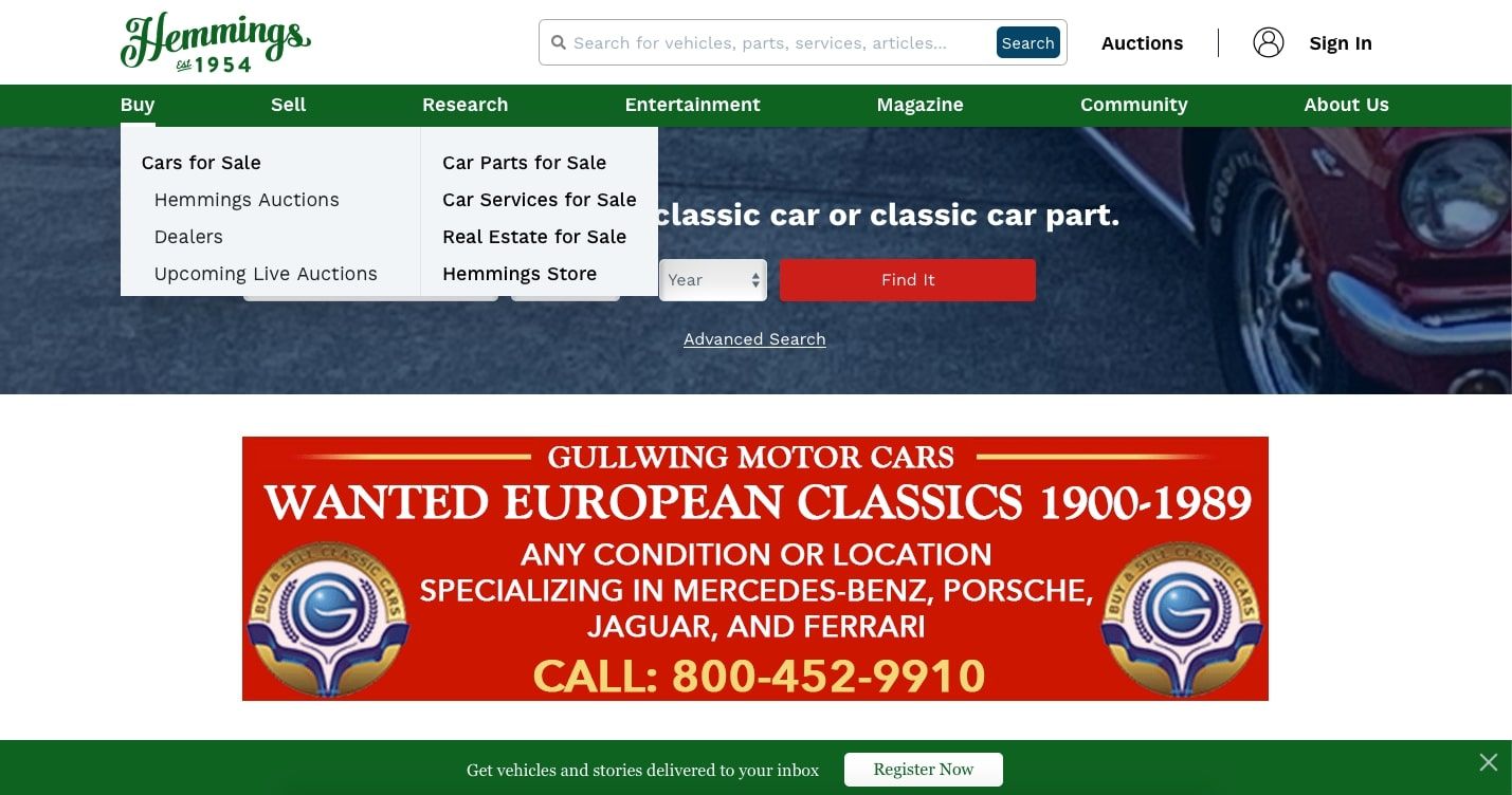 screenshot of hemmings features for purchasing vehicles