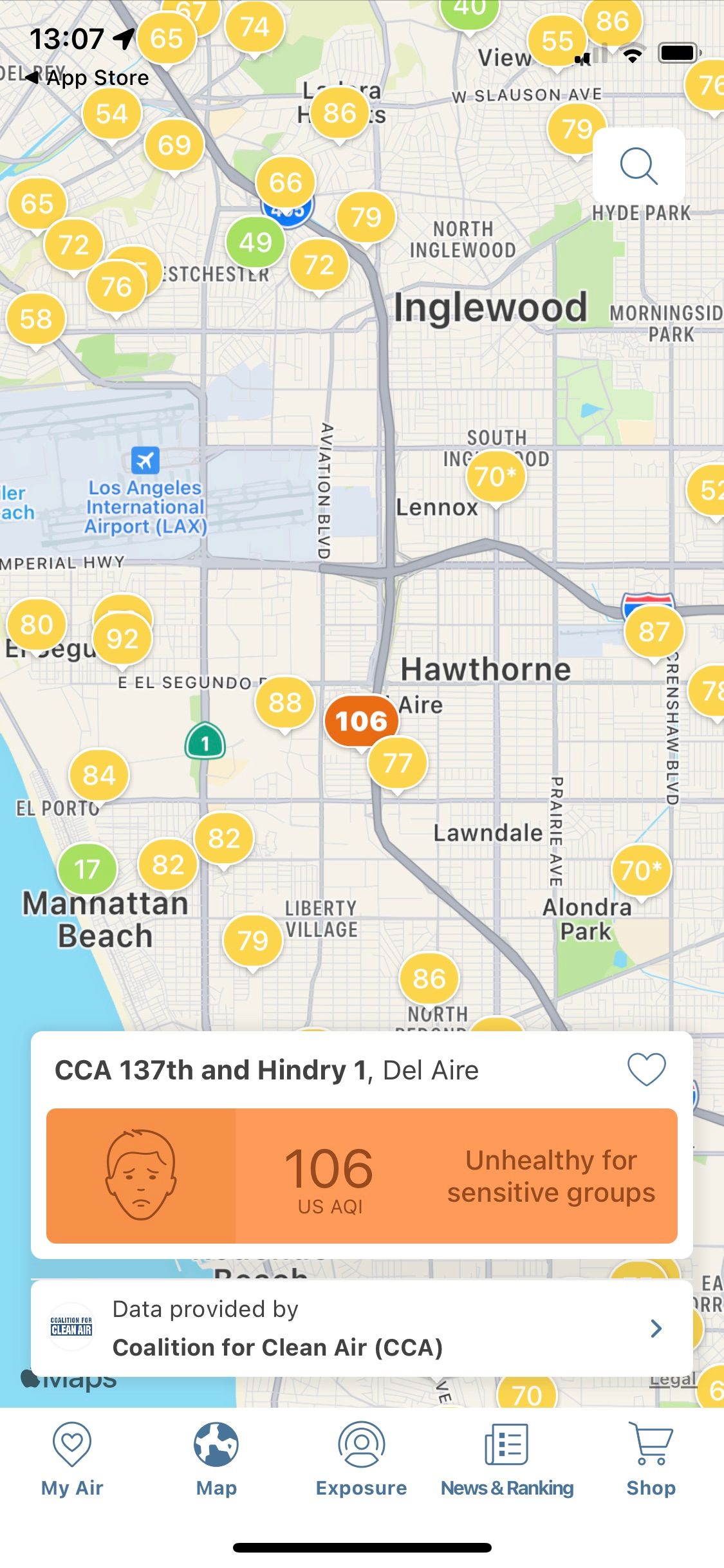 Screenshot of IQAir app showing live air quality data in LA