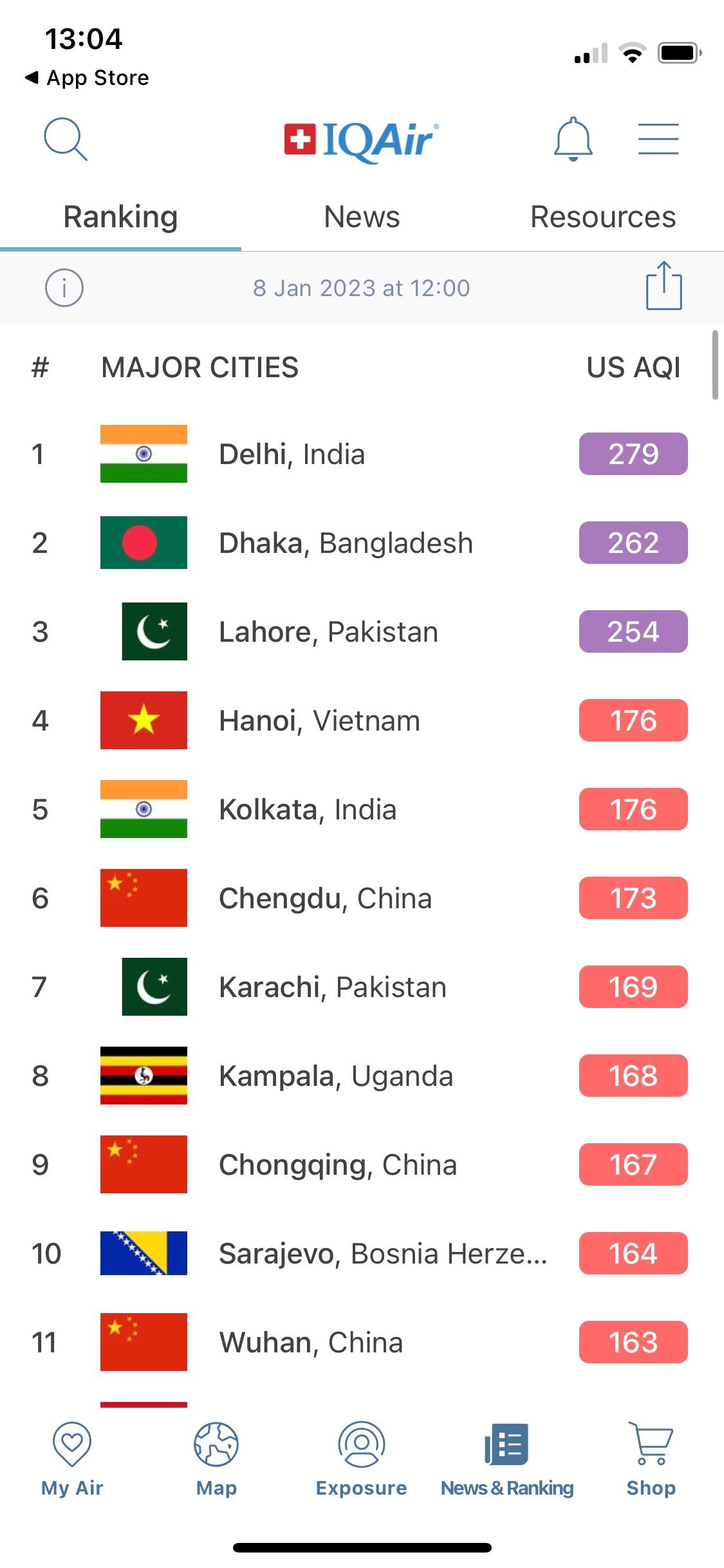 Screenshot of IQAir app showing lowest ranking air quality locations