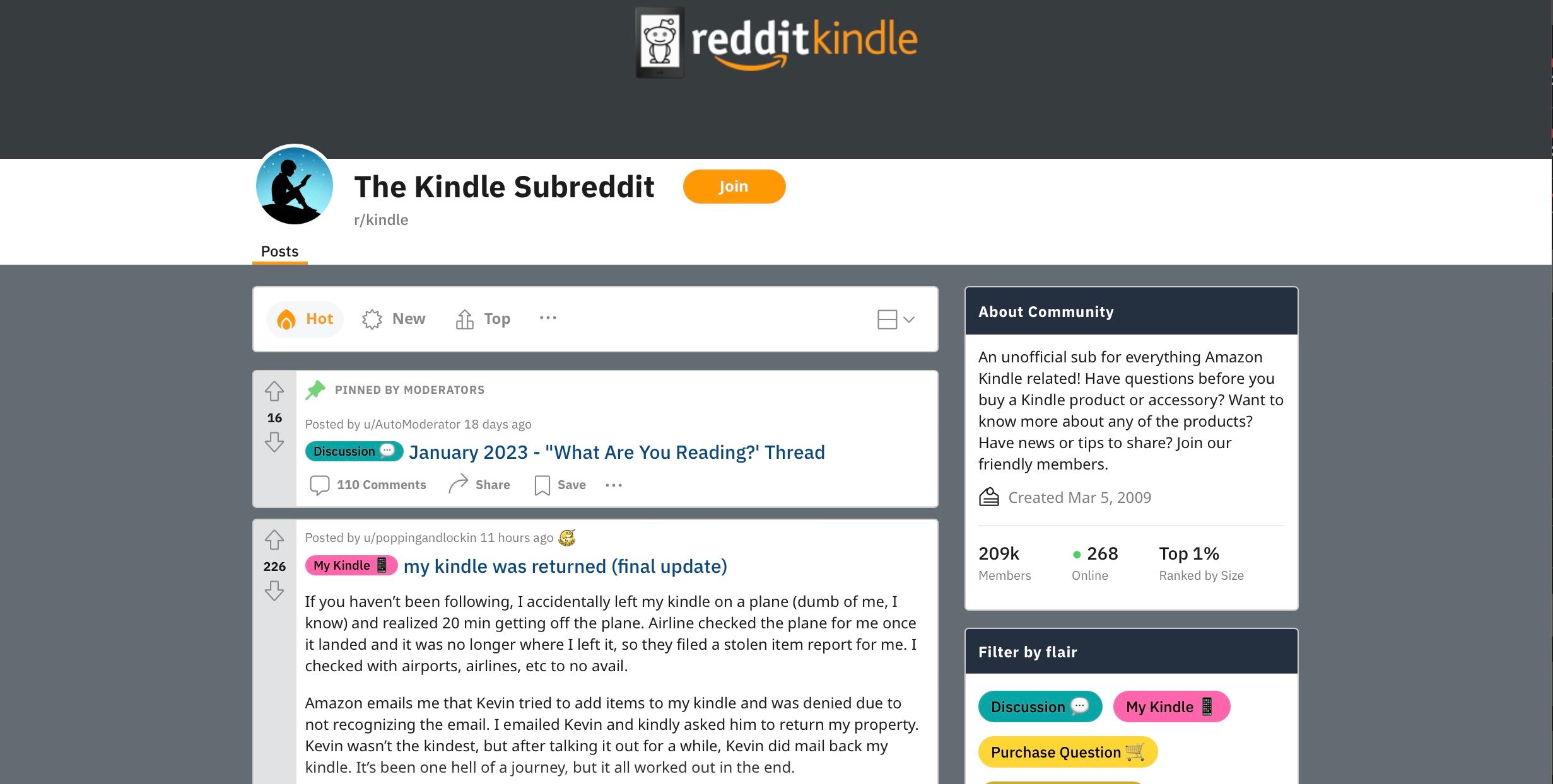 Screenshot of Kindle subreddit forum page