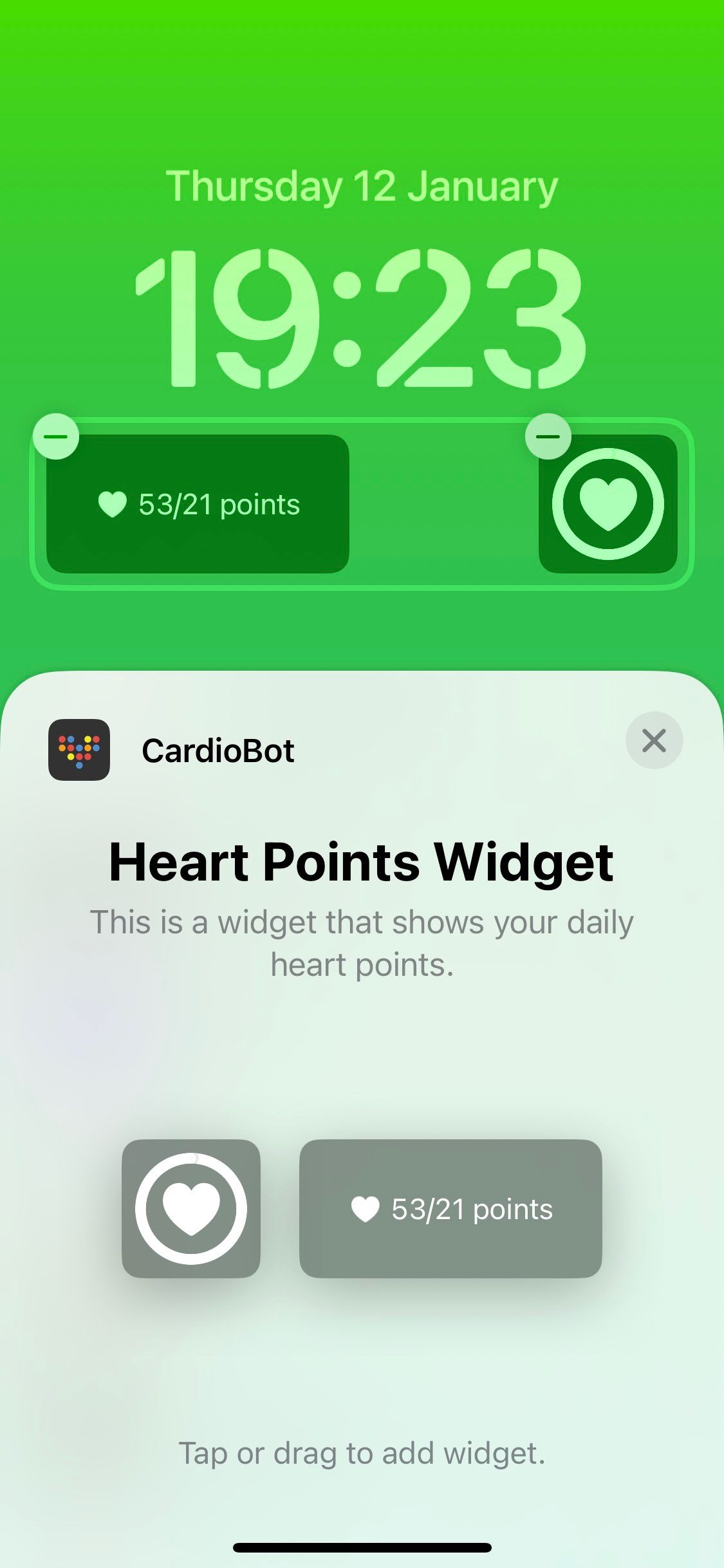 Screenshot of the lock screen widget for Cardiobot