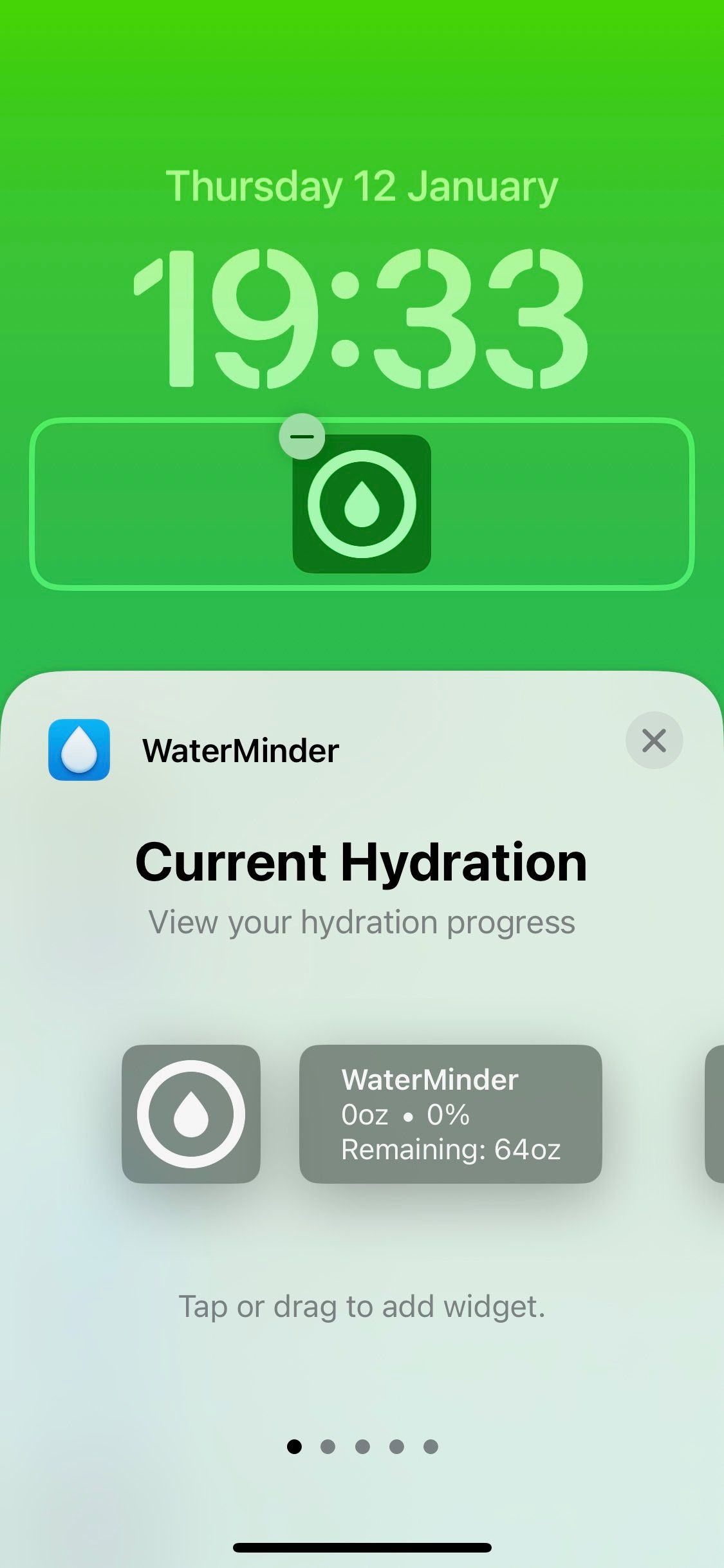A screenshot of the lock screen widget for Waterminder