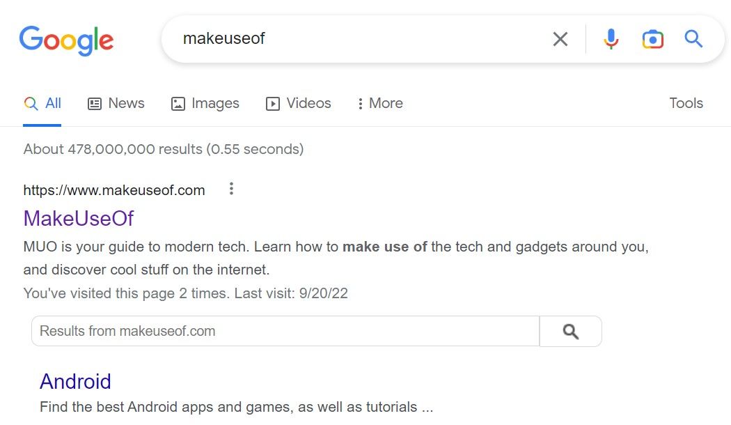 Capture d'écran du résultat de la recherche Google MakeUseOf