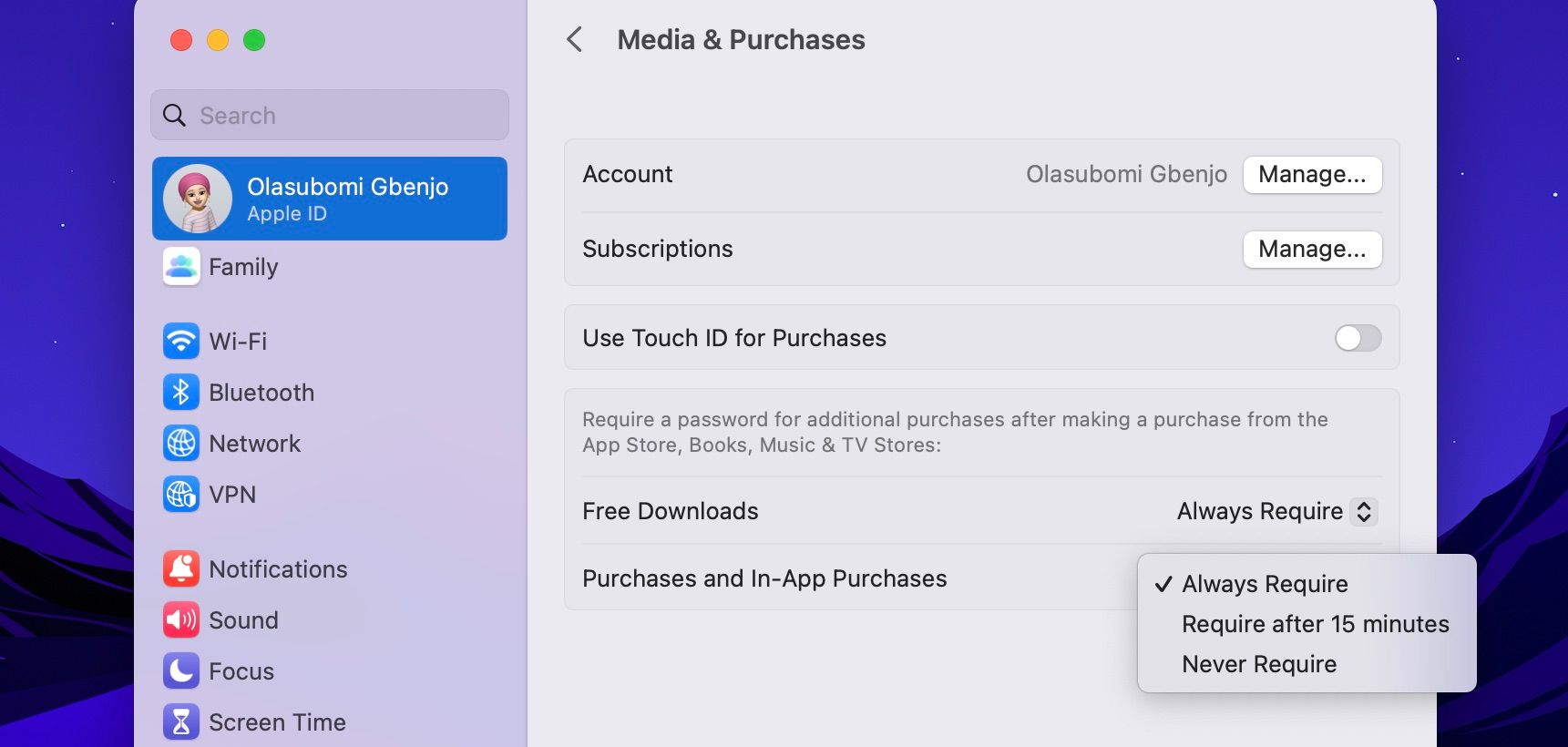 Screenshot of Media & Purchases in Apple ID System Settings