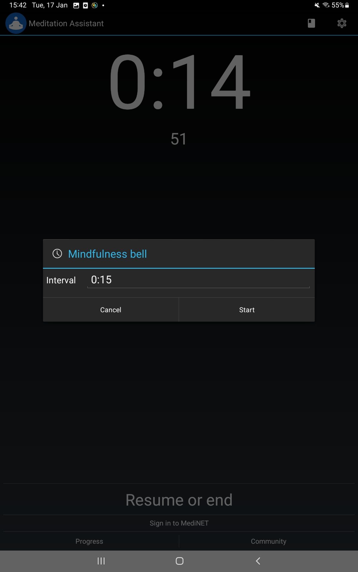 Screenshot of Meditation Assistant mindfulness bell tool