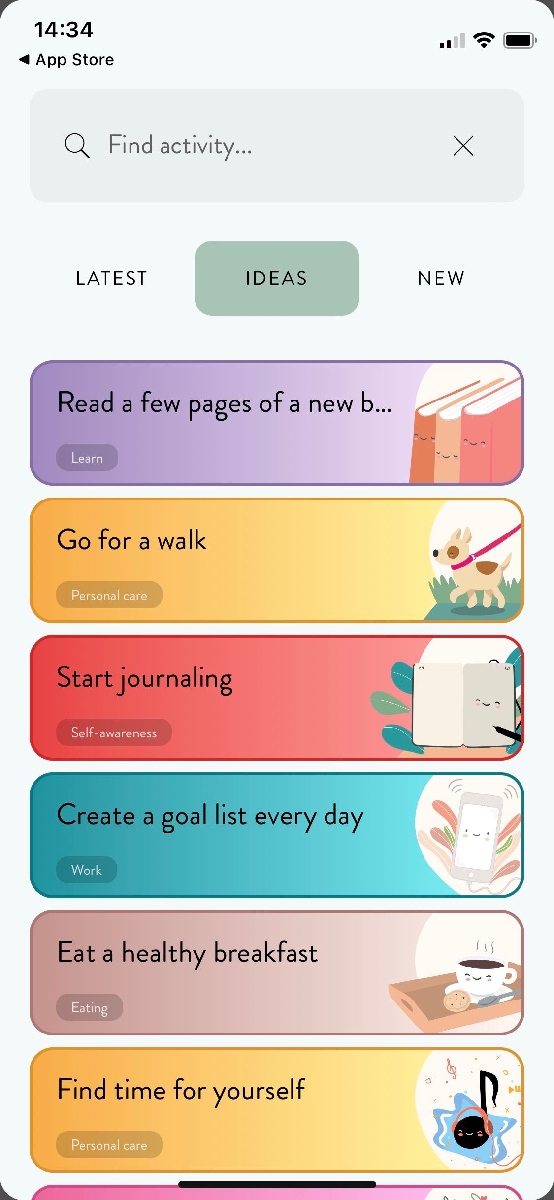 Screenshot of Moleskine Balance app showing activity suggestions