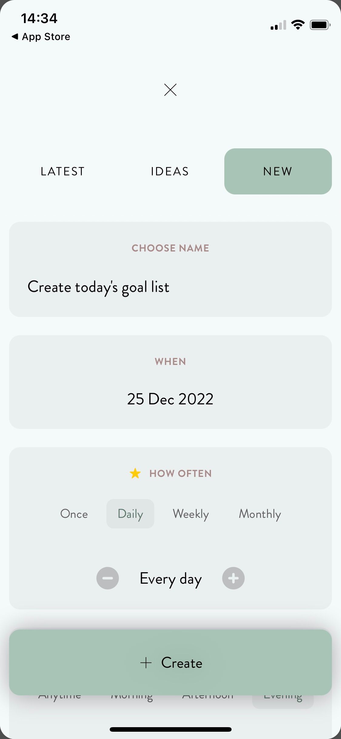 Screenshot of Moleskine Balance app showing goal setting screen