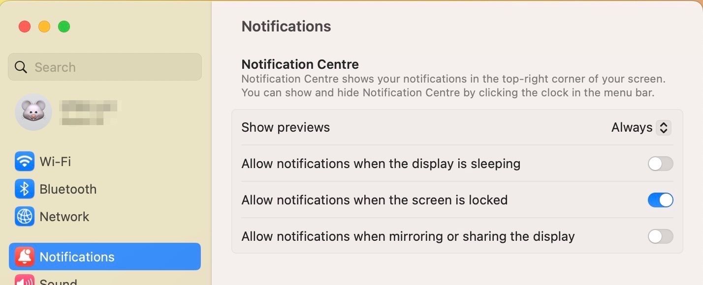 Screenshot of Notification Center in System Settings