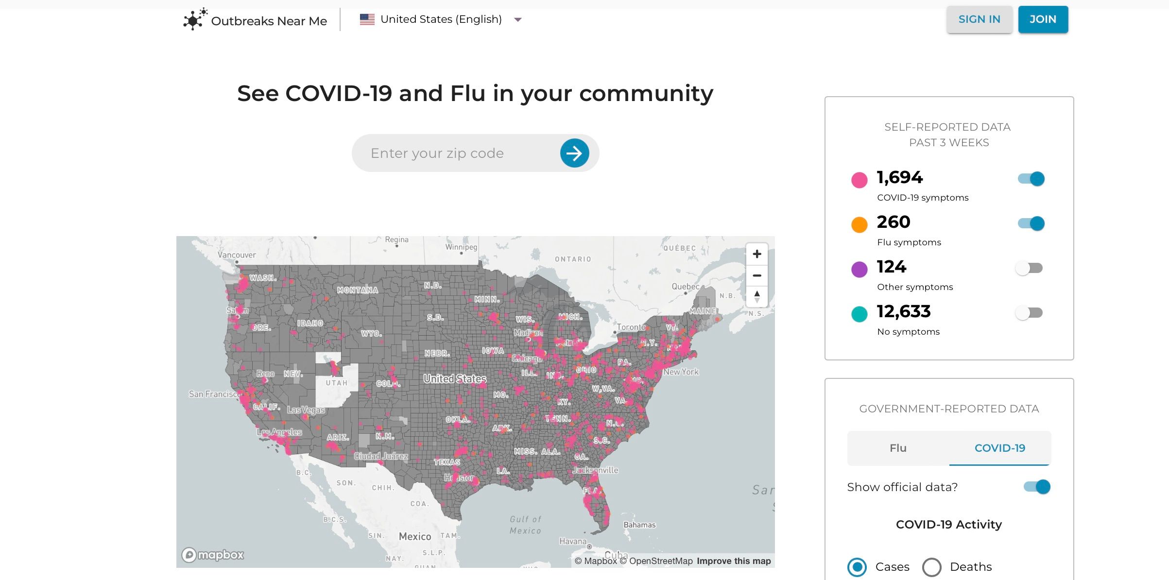Screenshot of Outbreaks near me flu data website