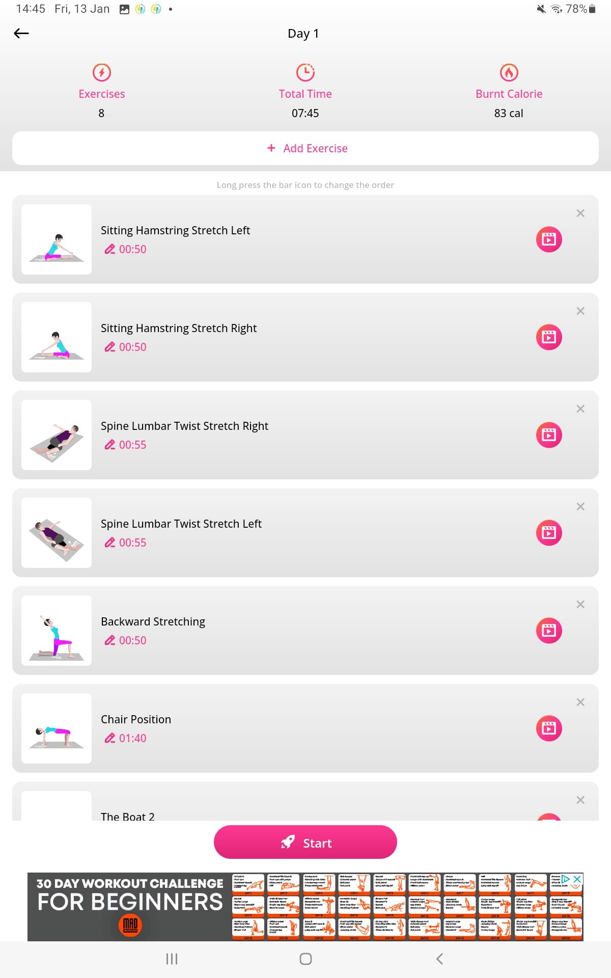 Screenshot of Pilates Exercises at Home app showing workout menu