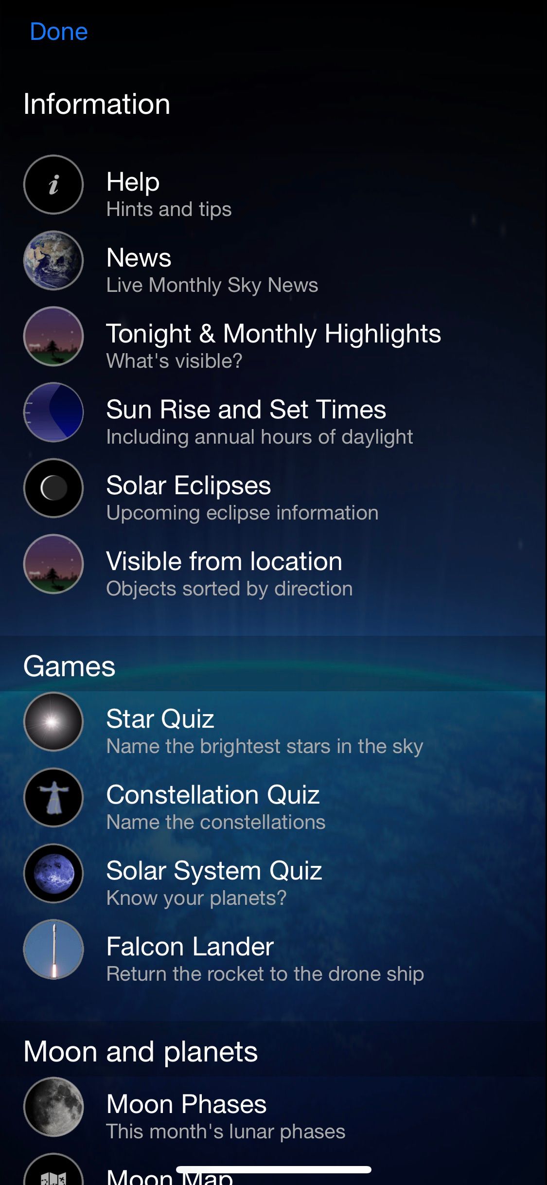 Screenshot of Pocket Universe app showing extra features