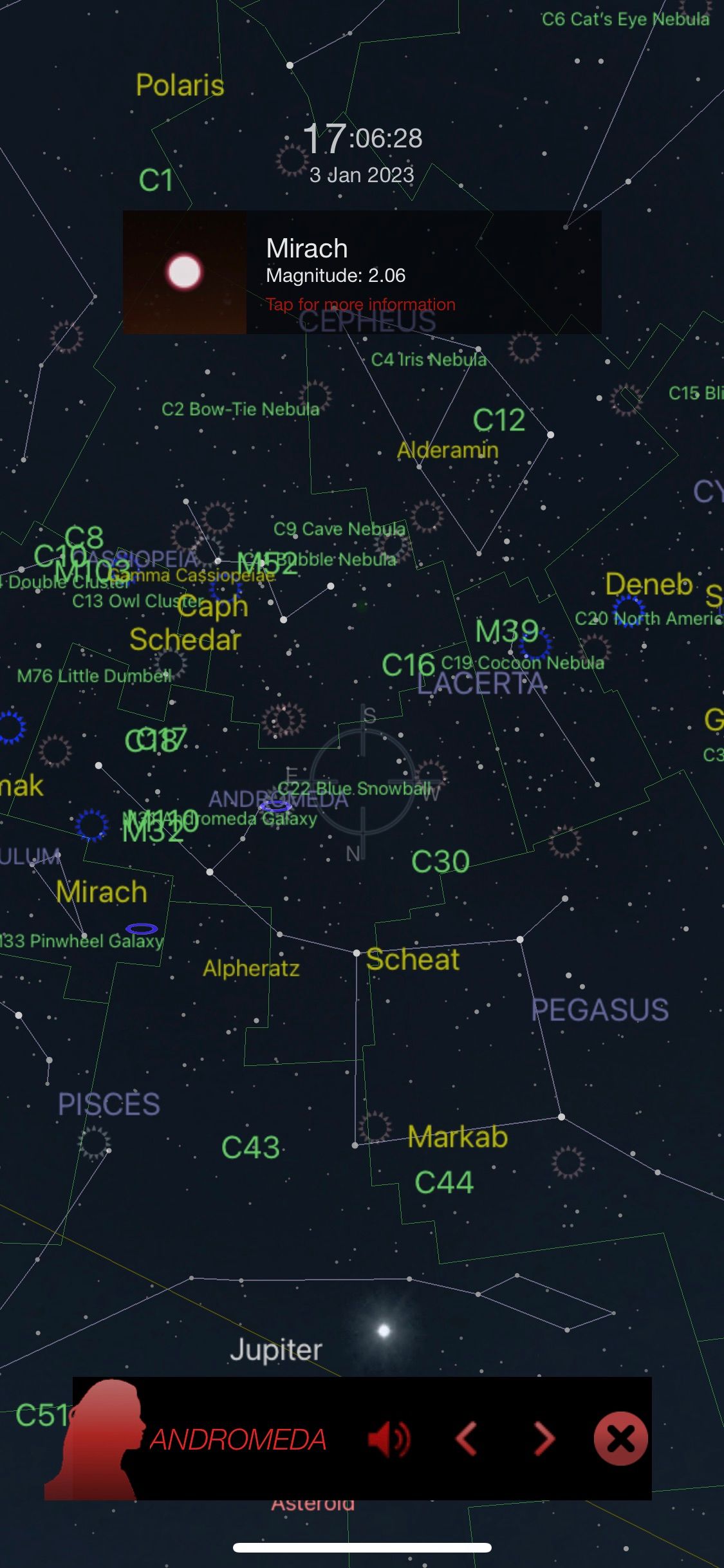 Screenshot of Pocket Universe app showing planetarium view