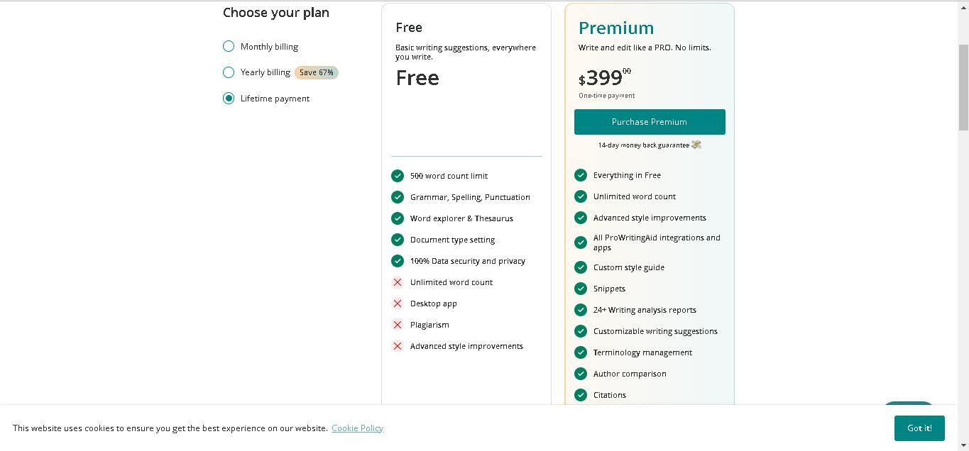 Captura de pantalla de la página de precios de ProWritingAid