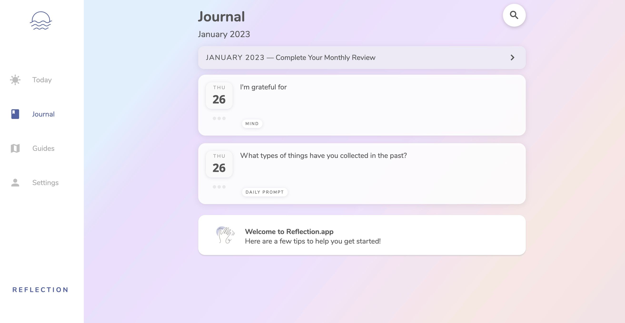 Screenshot of Reflection journaling app for Mac