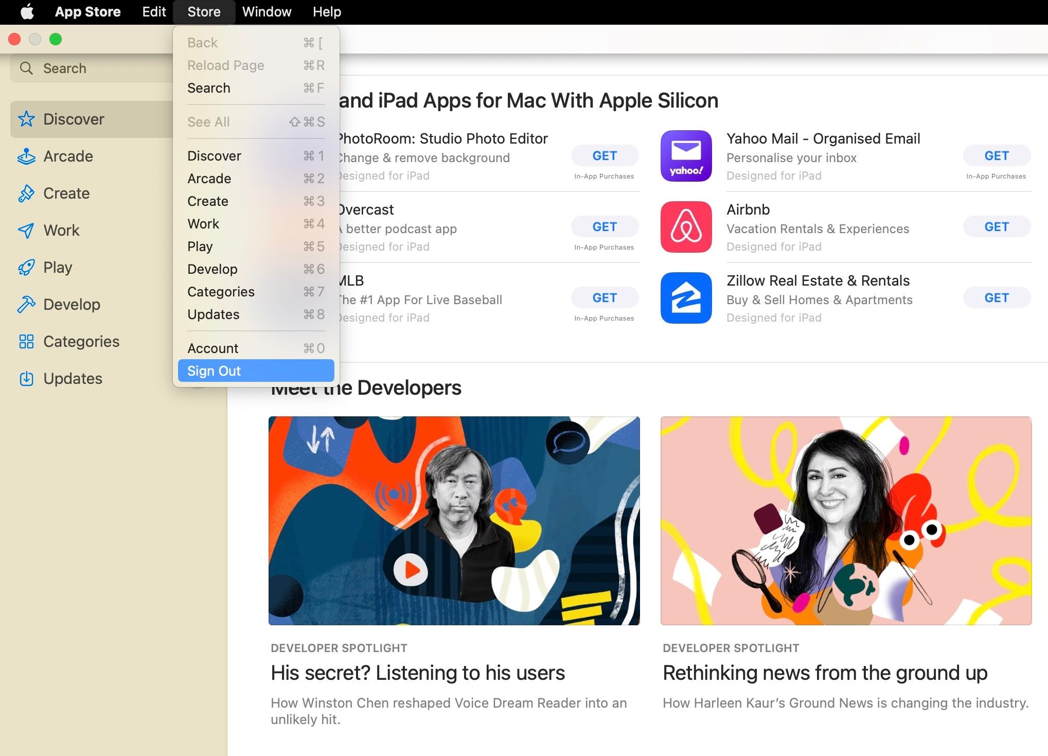 Capture d'écran de la déconnexion du Mac App Store via Store
