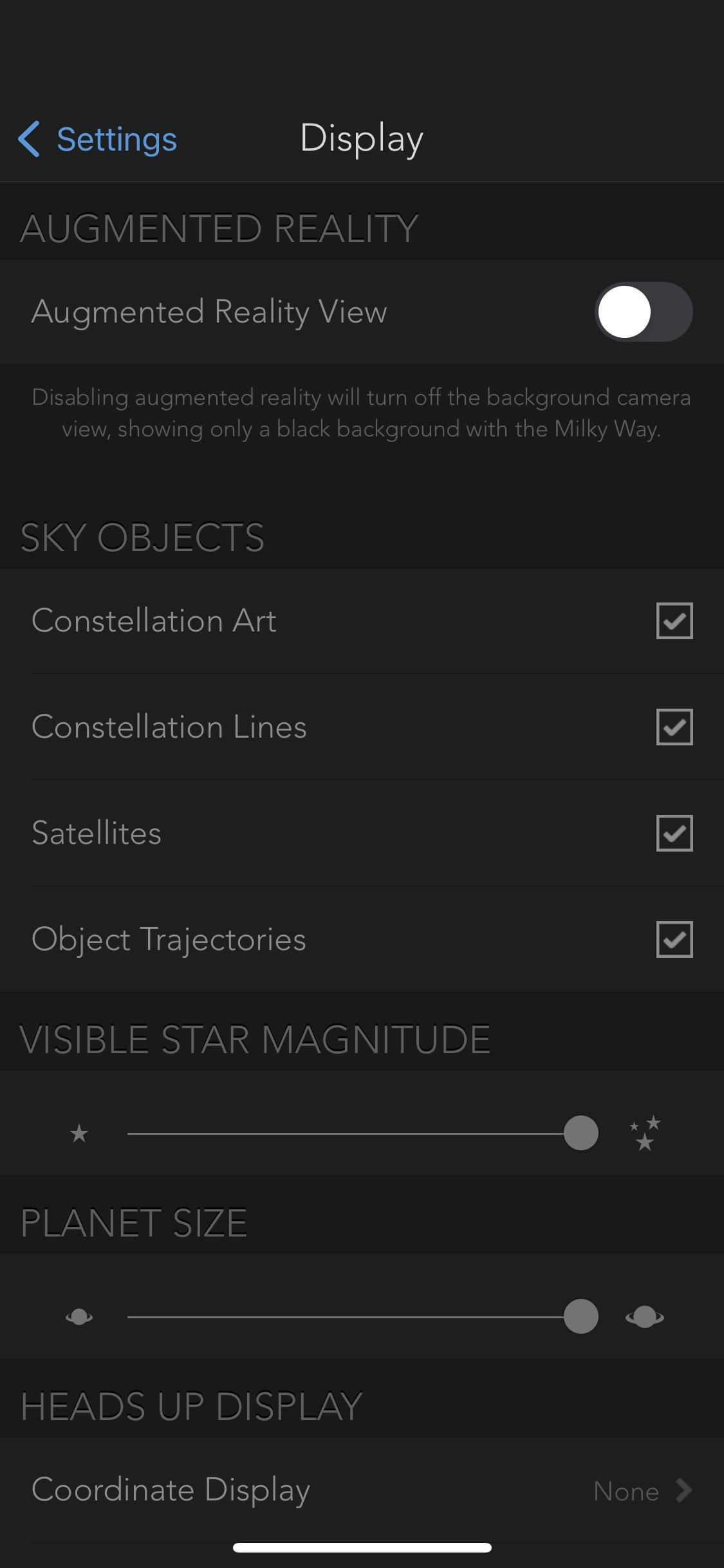 تصویری از برنامه SkyView که تنظیمات نمایشگر را نشان می دهد