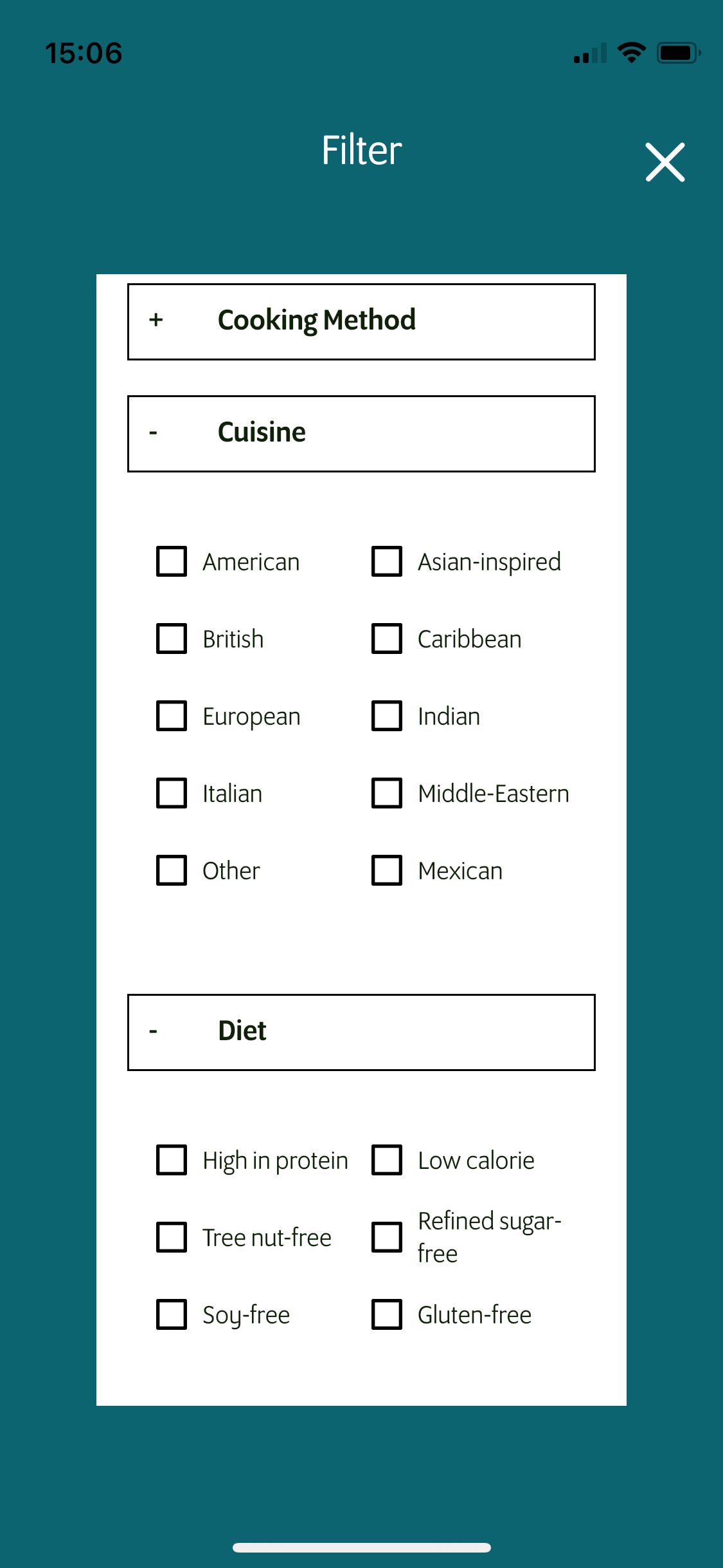 Screenshot of So Vegan app showing filter and search tool