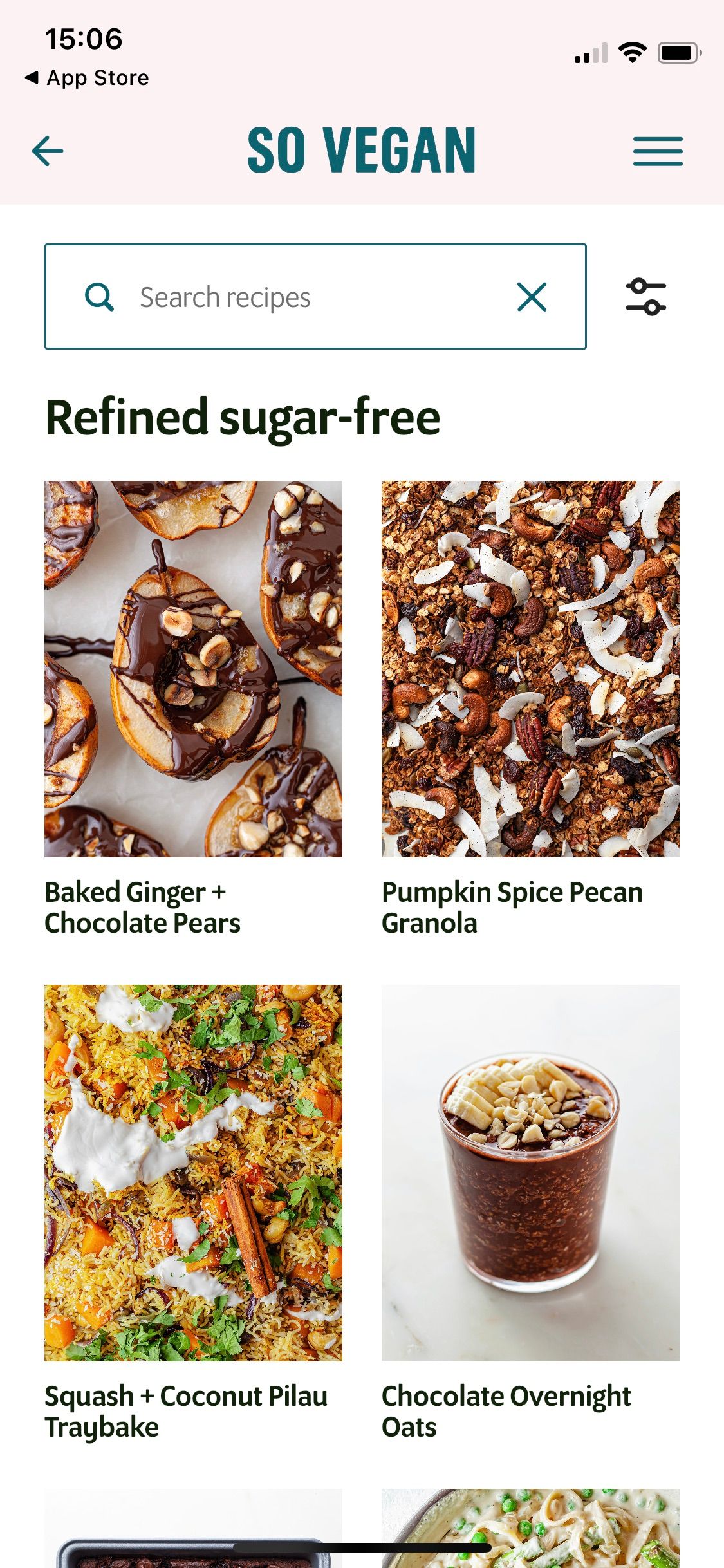 Screenshot of So Vegan app showing refined sugar free recipes