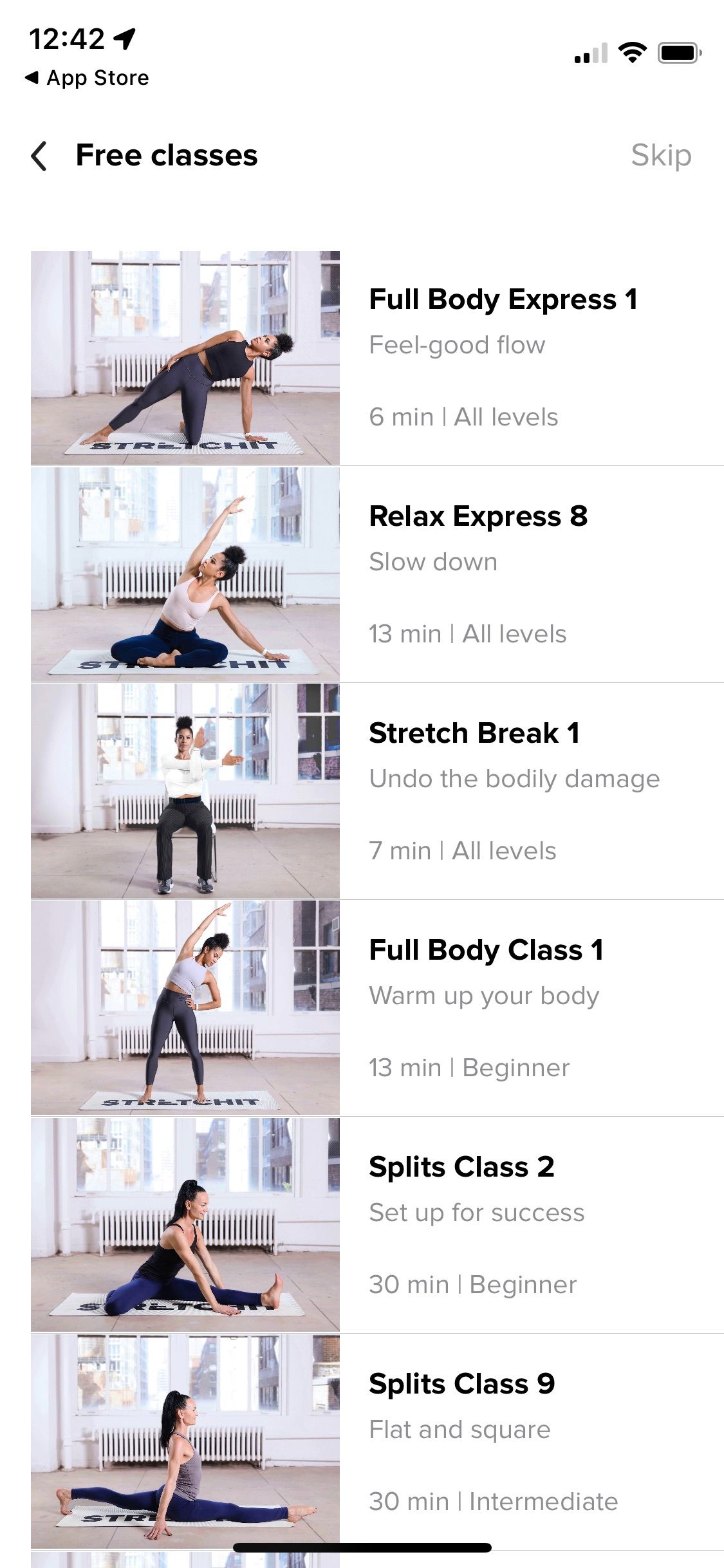 Screenshot of Stretchit app showing sample classes
