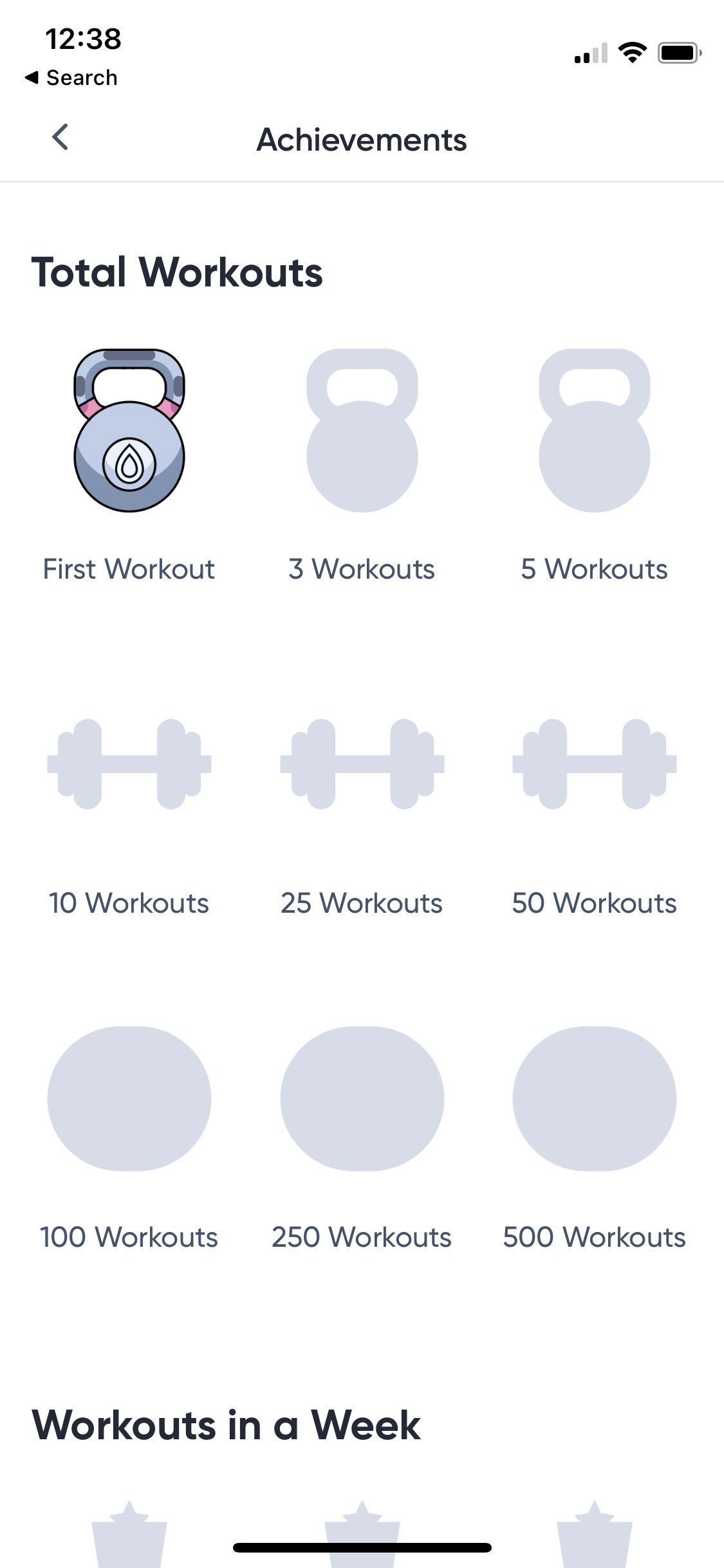 Screenshot of Sweat app showing achievement badges