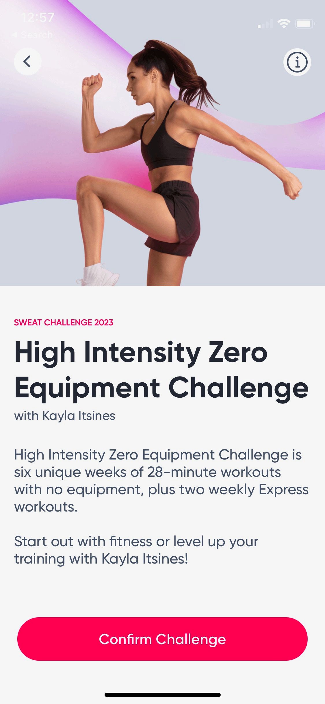 Screenshot of Sweat app showing challenge introduction screen