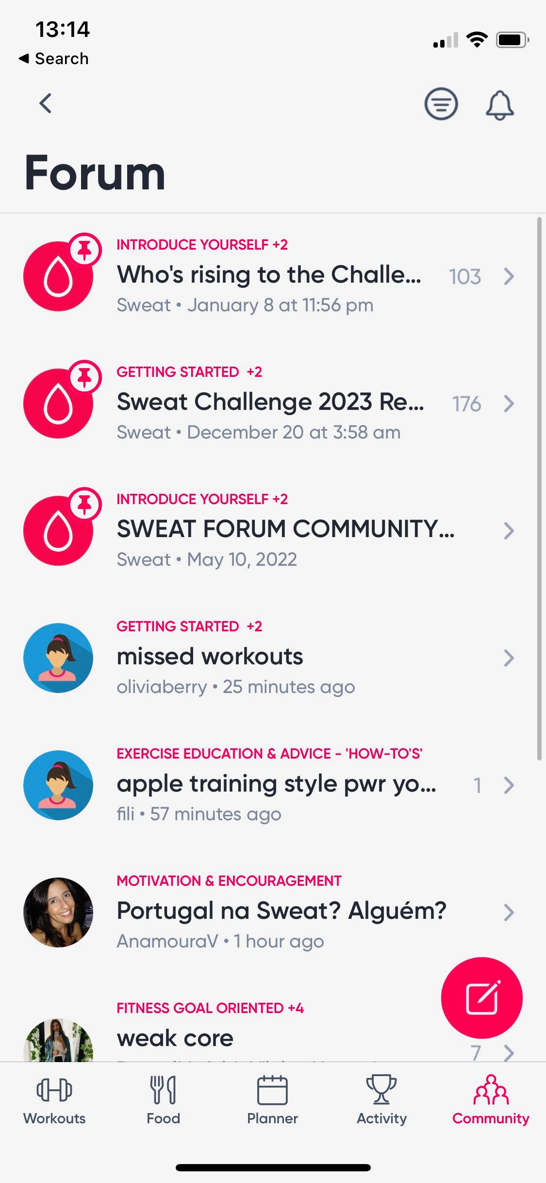 Screenshot of Sweat app showing community forum