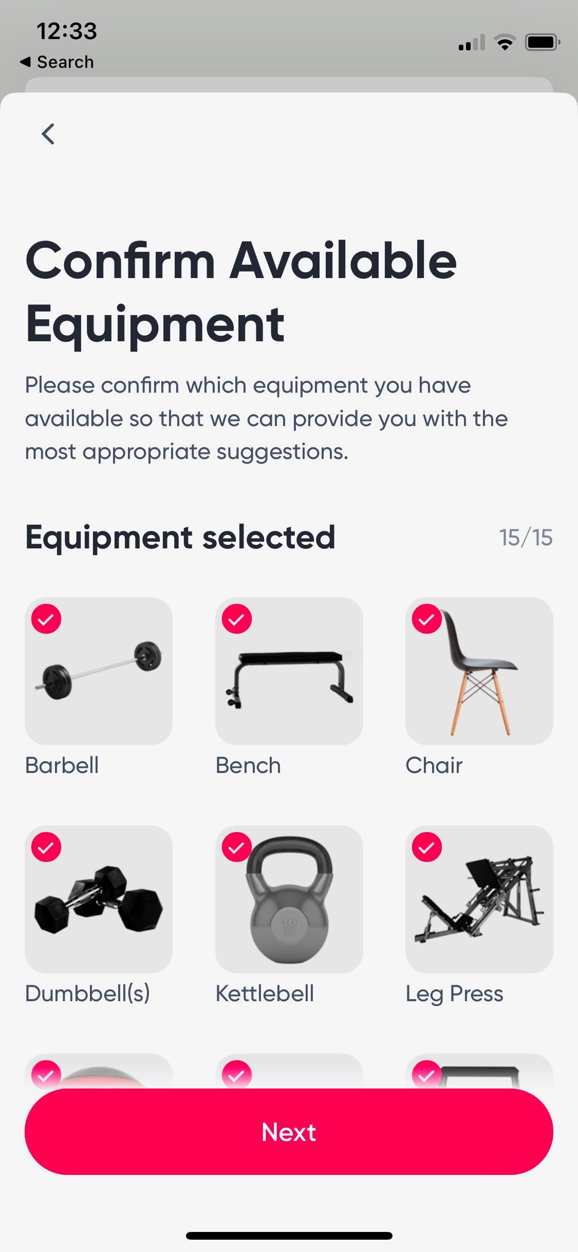 Screenshot of Sweat app showing equipment screen