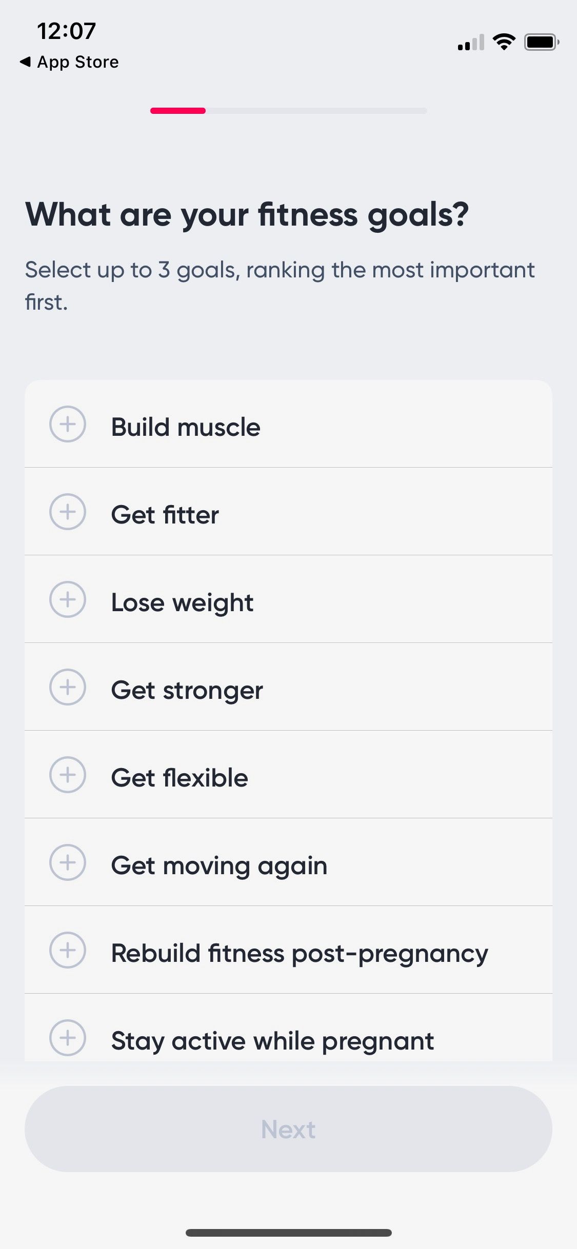 Screenshot of Sweat app showing fitness goal setting