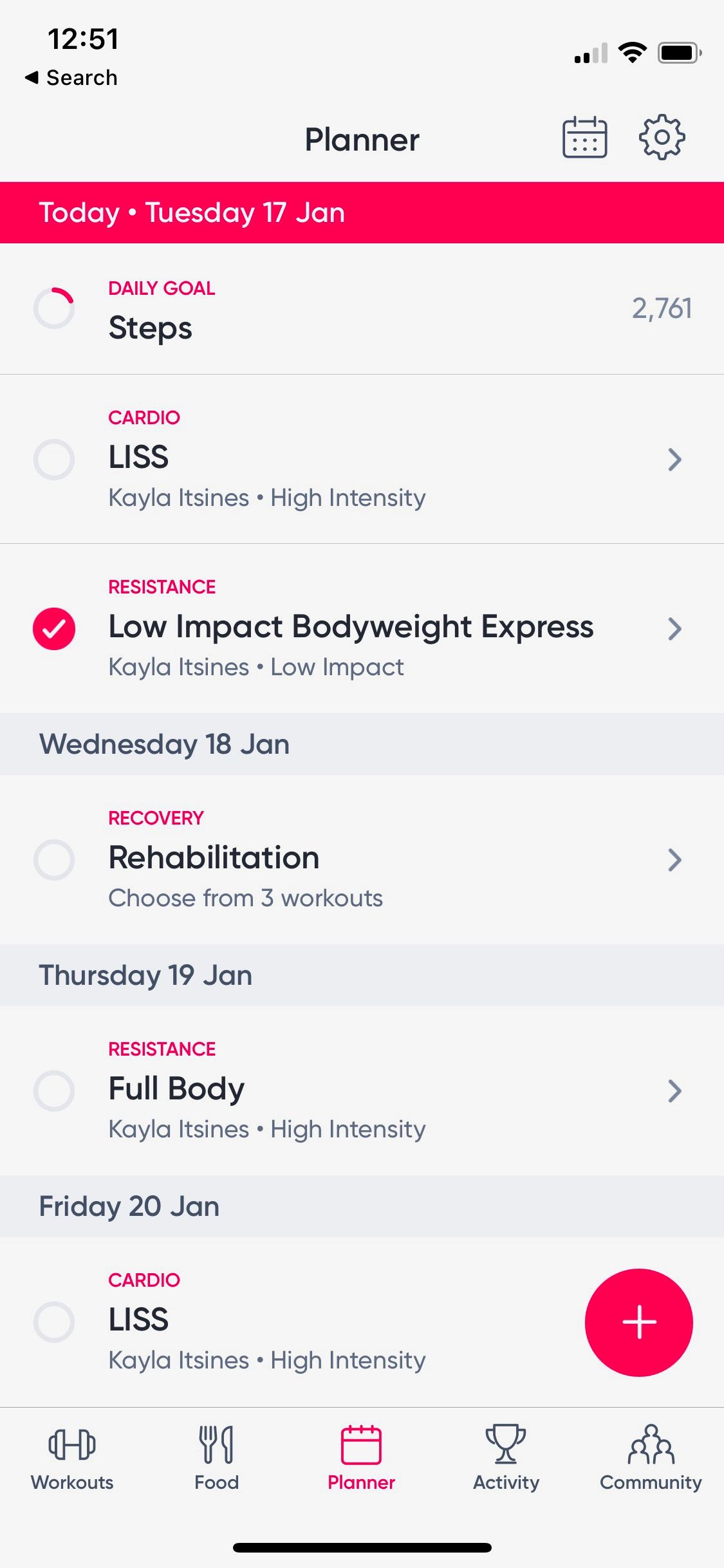 Screenshot of Sweat app showing fitness planner