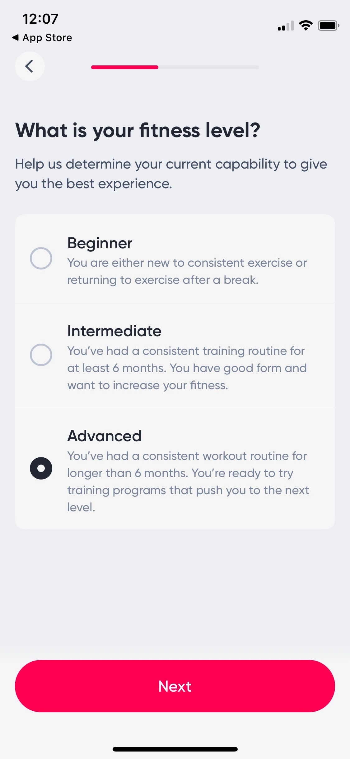 Screenshot of Sweat app showing initial questions