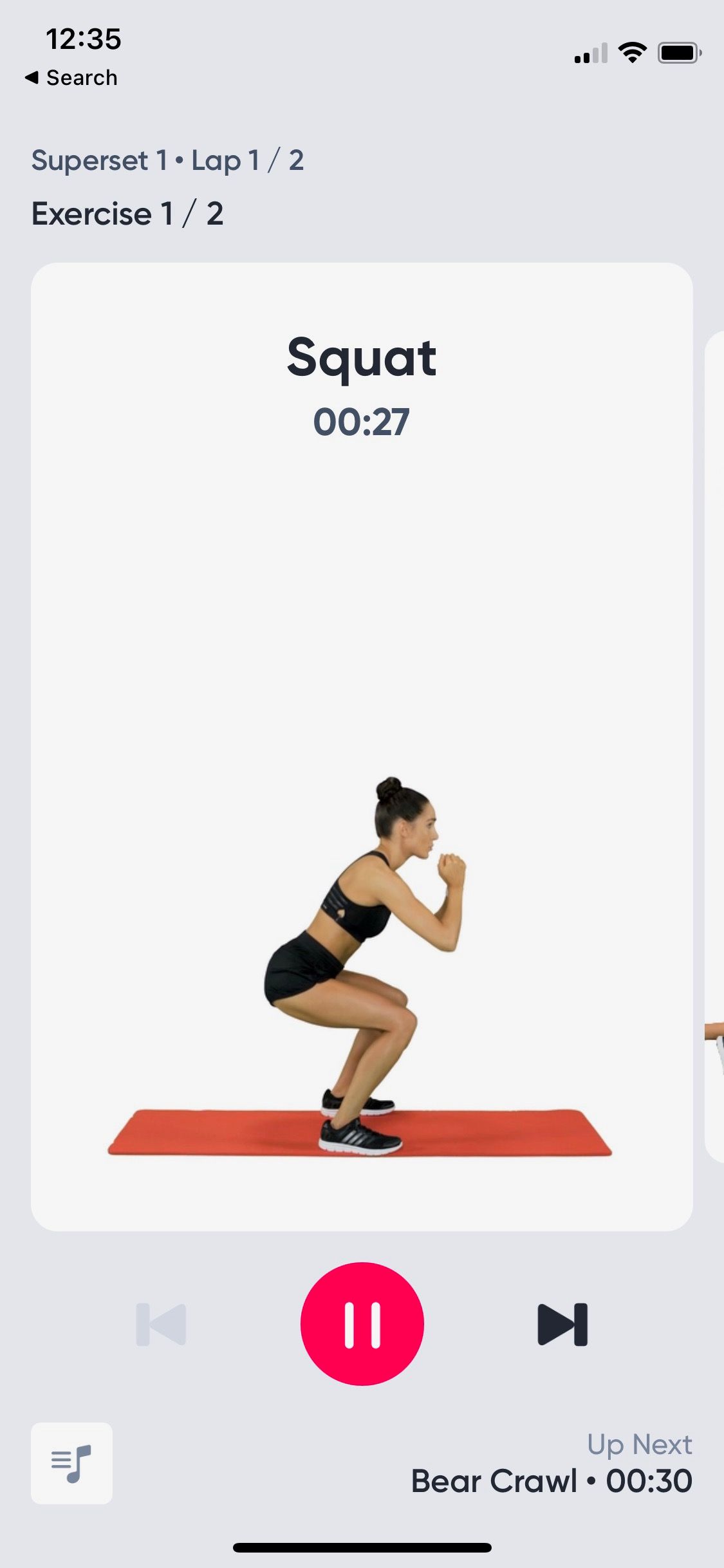 Screenshot of Sweat app showing main workout screen