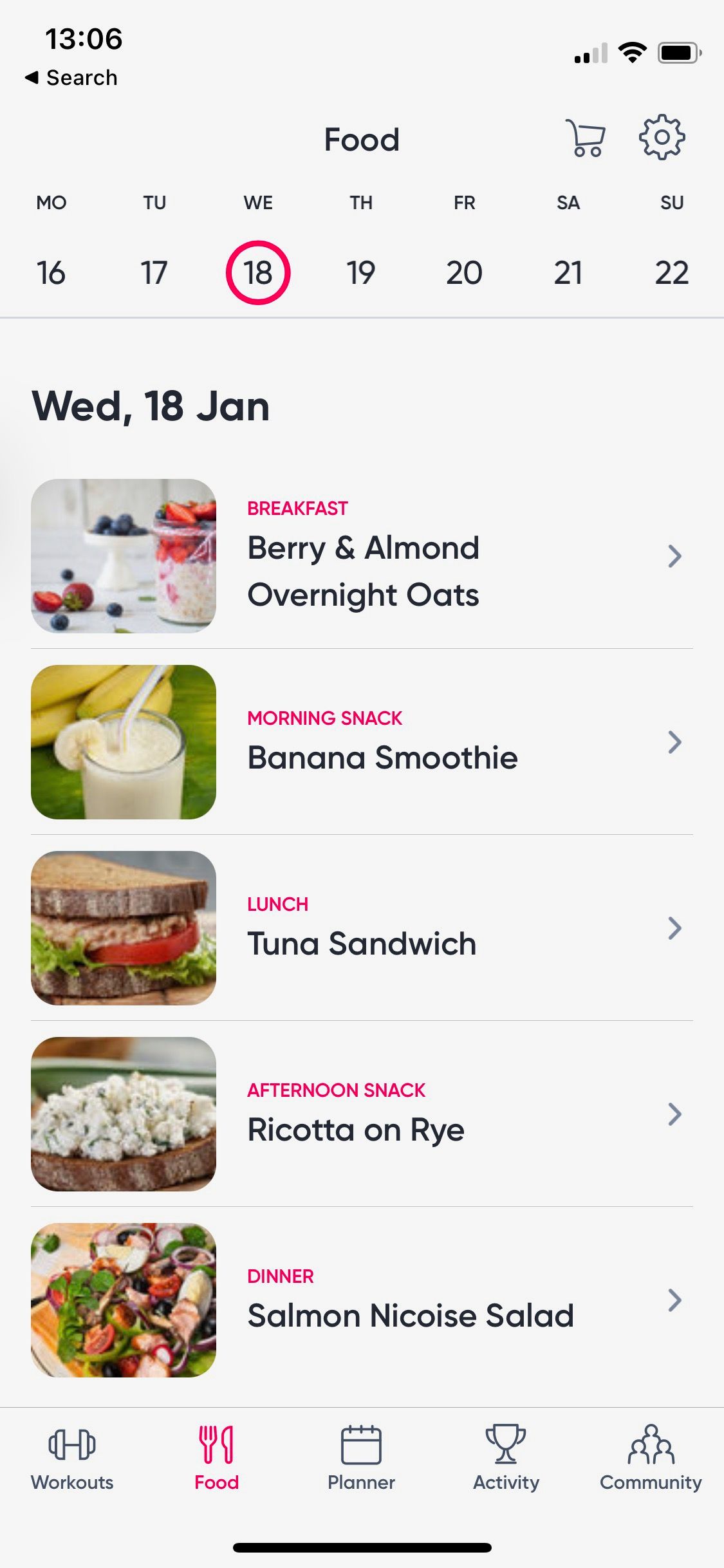 Screenshot of Sweat app showing meal planner