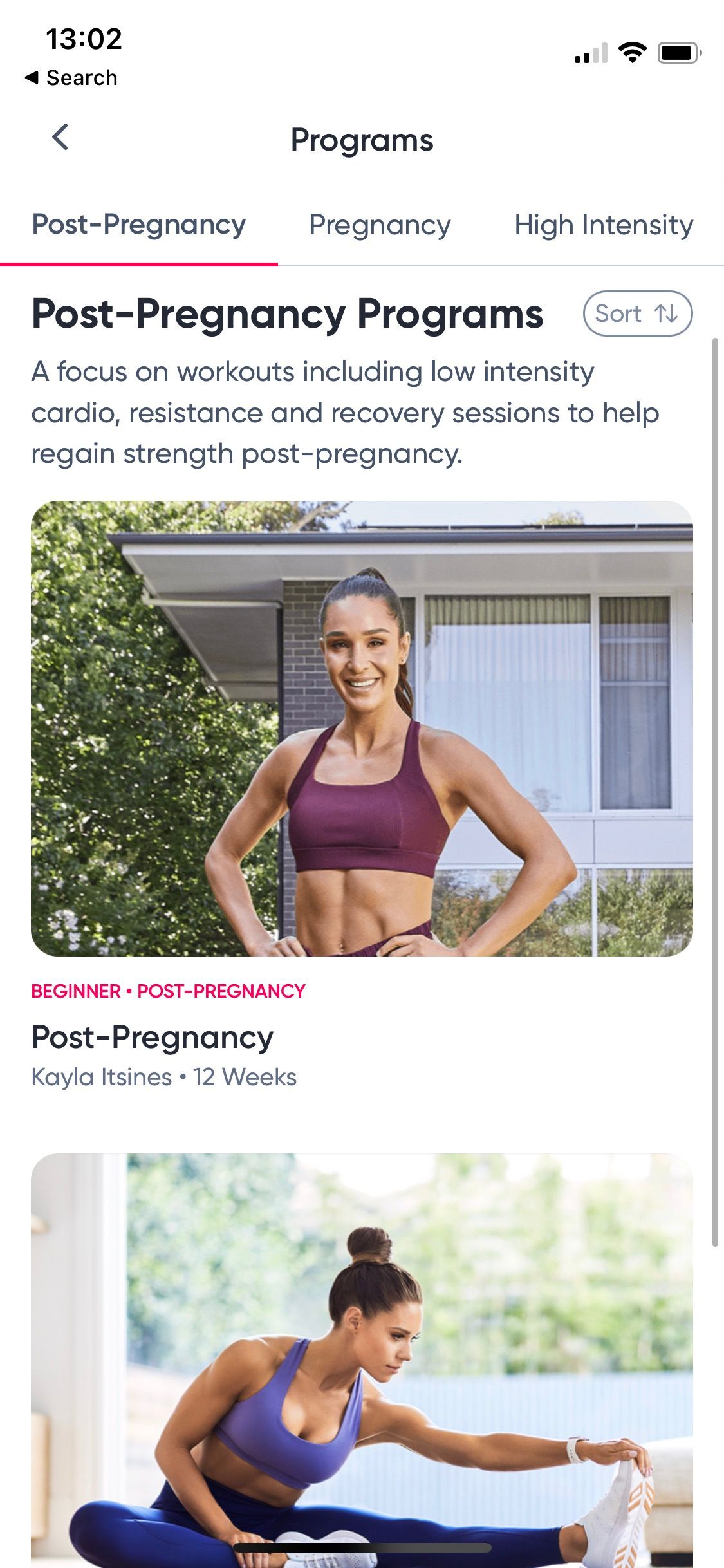 Screenshot of Sweat app showing post-pregnancy program