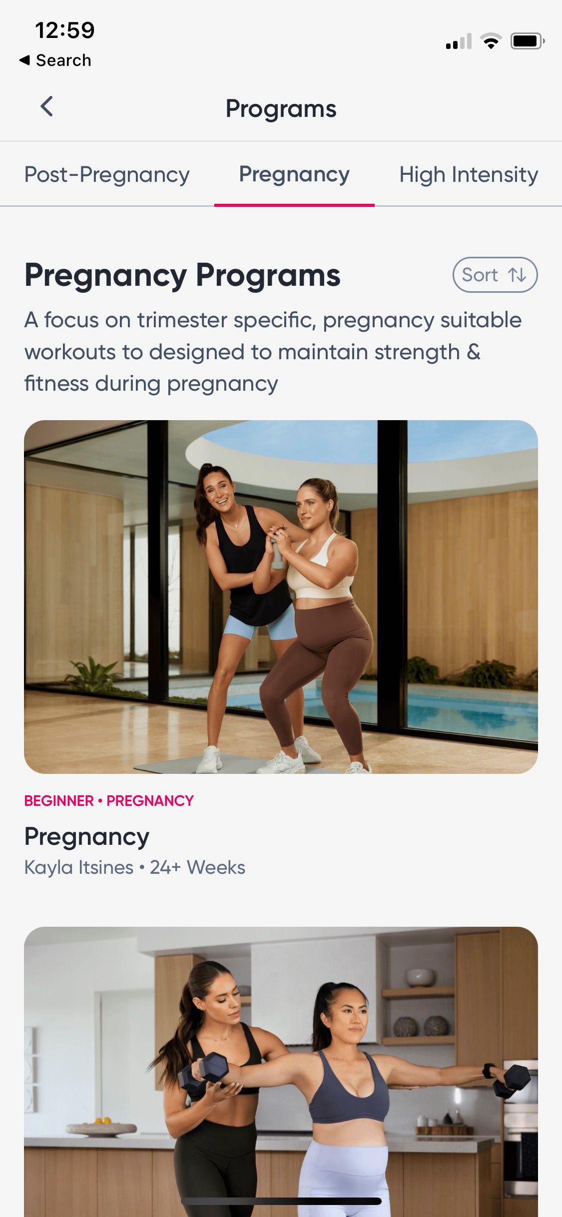 Screenshot of Sweat app showing pregnncy program