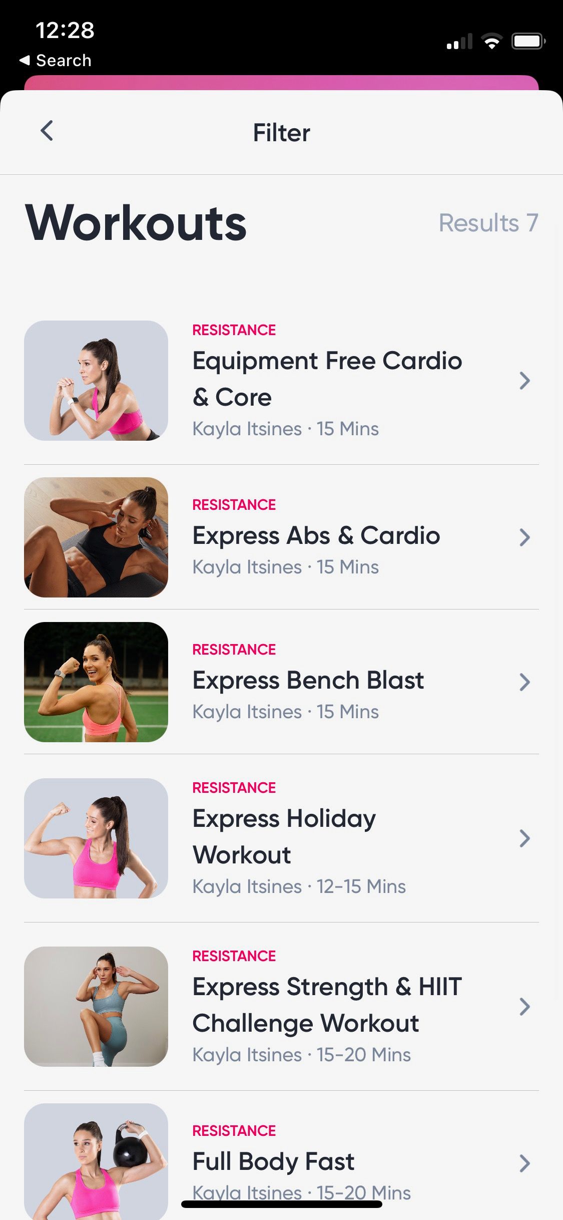 Screenshot of Sweat app showing search filter