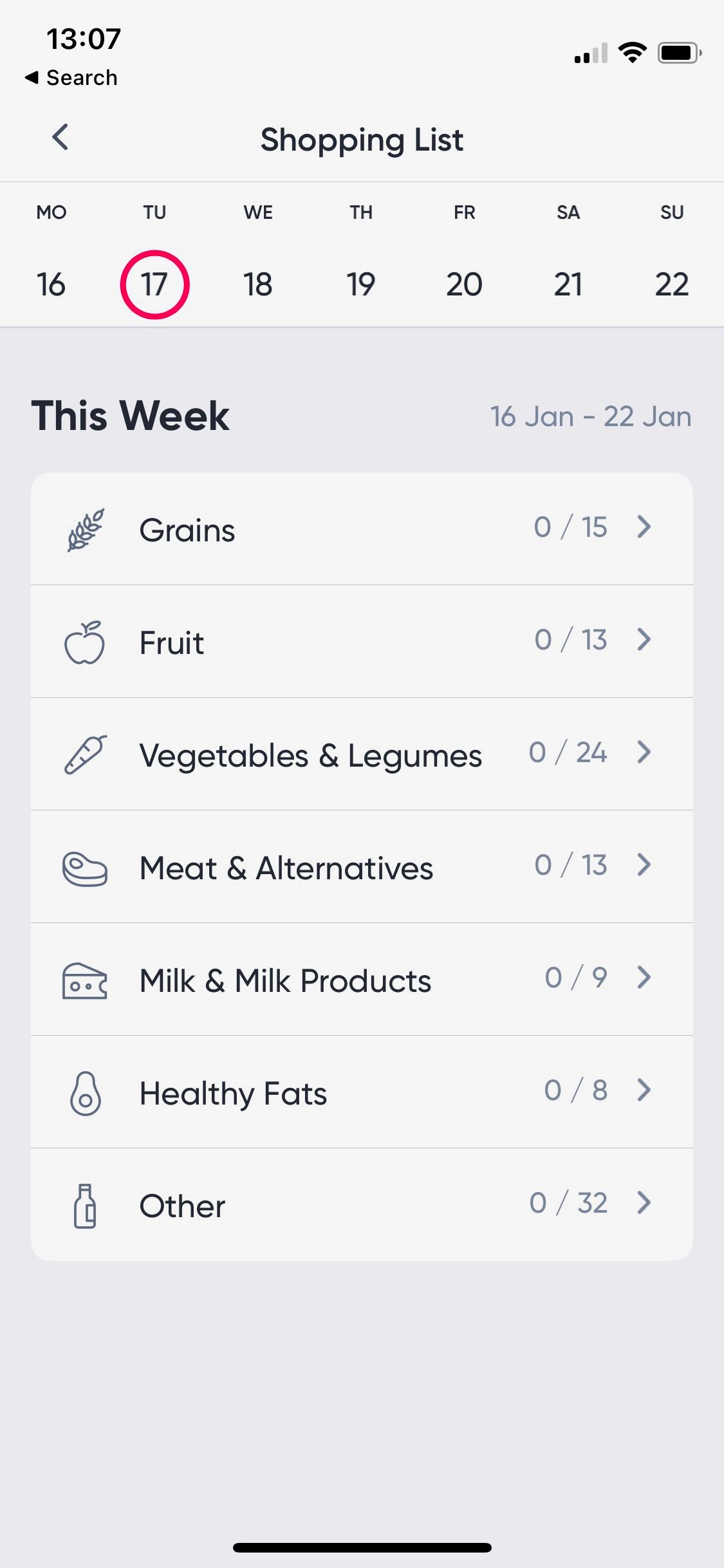 Screenshot of Sweat app showing shopping list