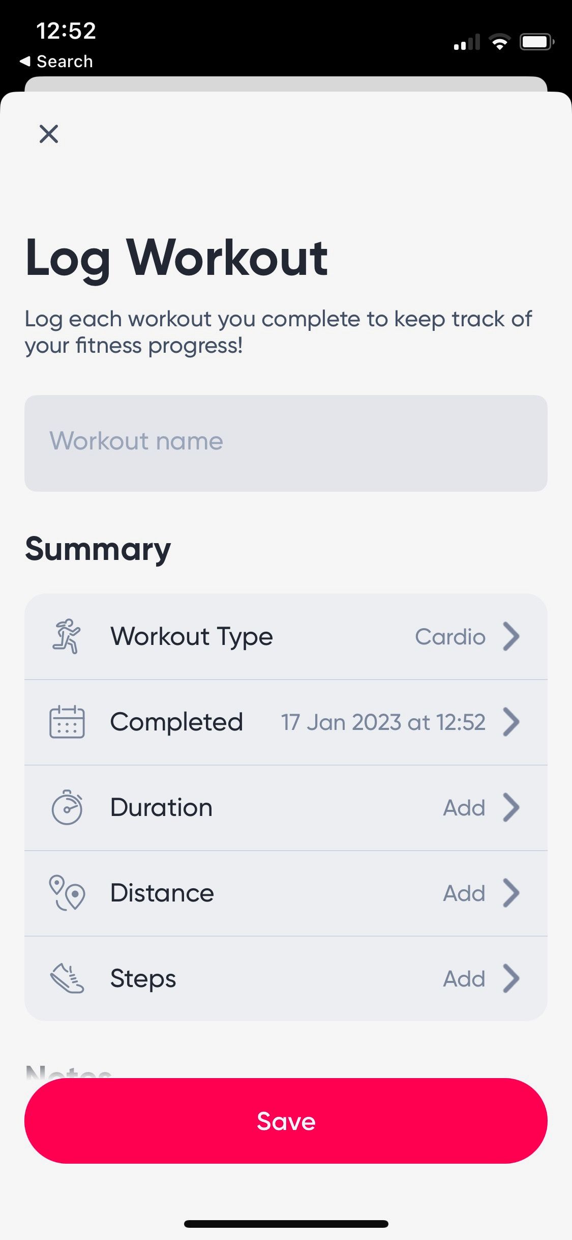 Screenshot of Sweat app showing workout log screen