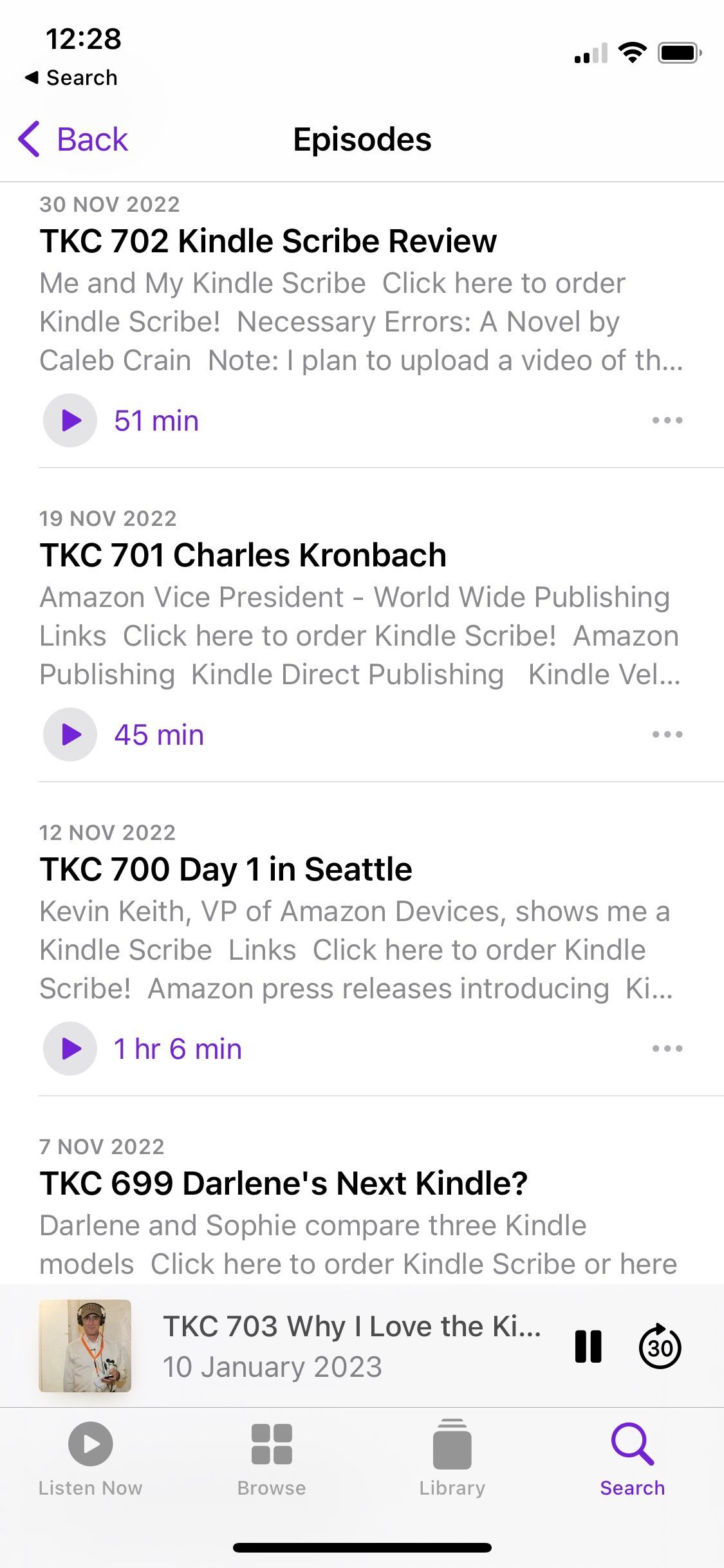 Screenshot of The Kindle Chronicles podcast sample episode list
