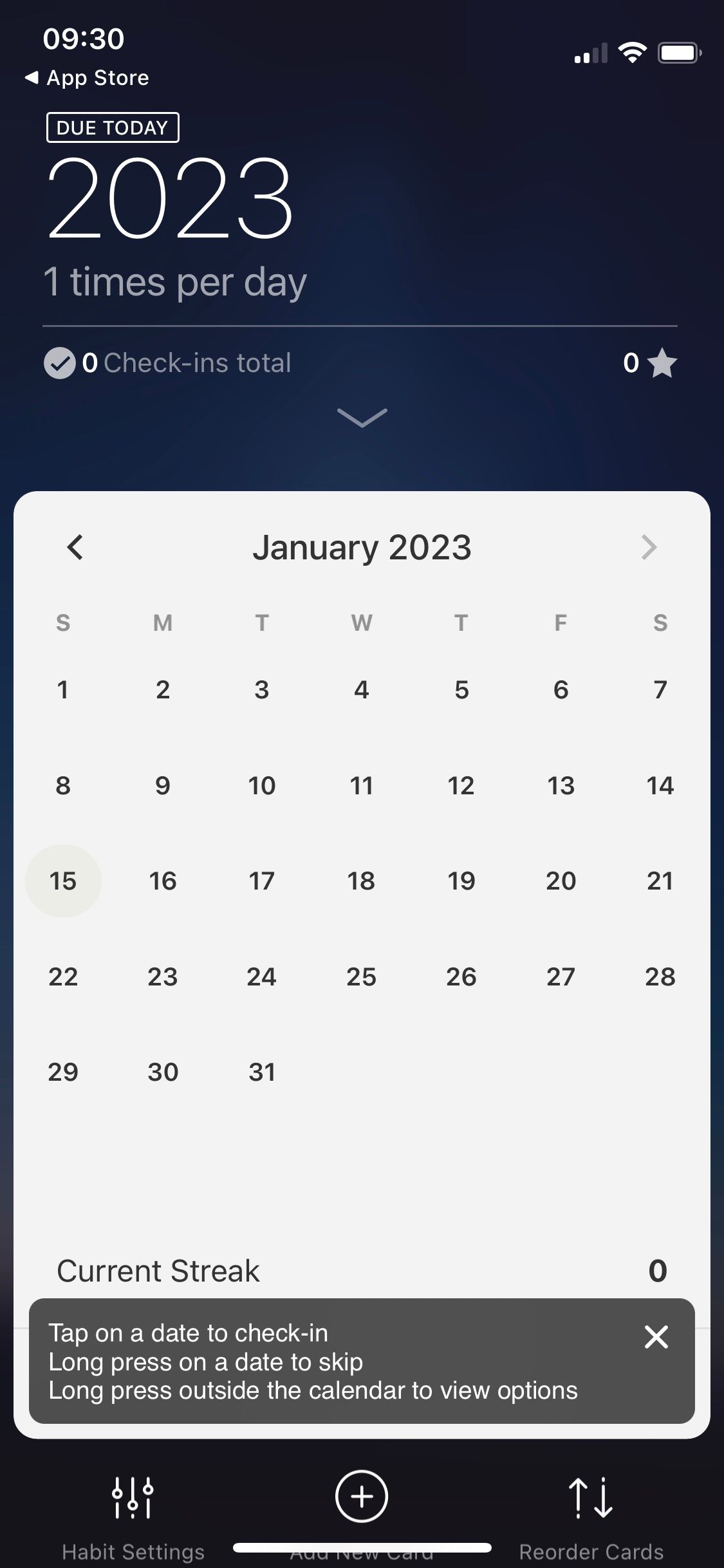 Capture d'écran du traceur d'habitudes d'aujourd'hui montrant le calendrier