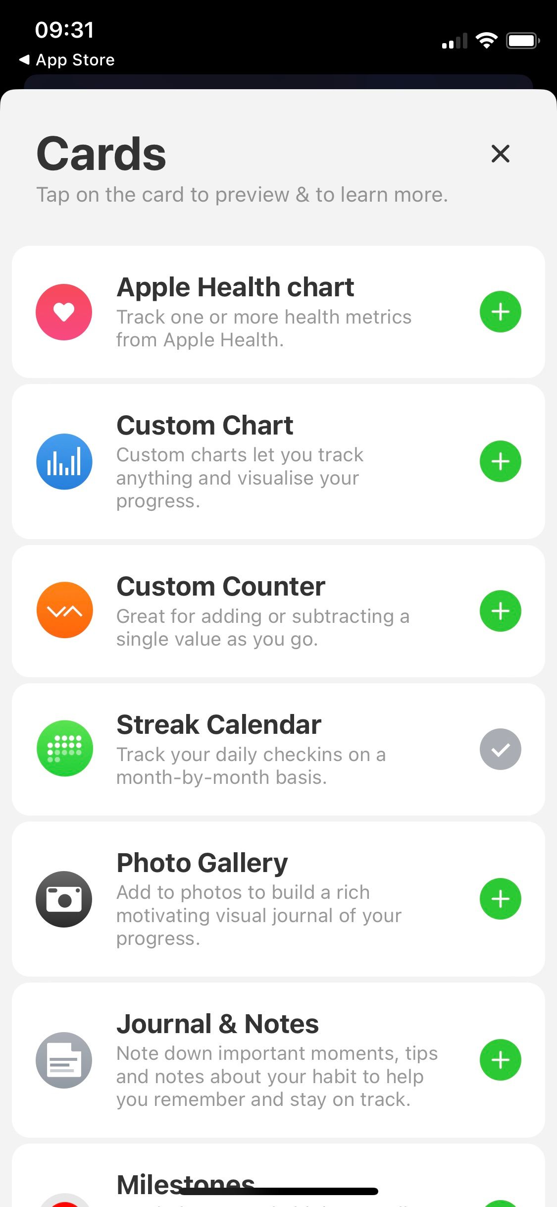 Screenshot of Today Habit tracker showing tracking cards