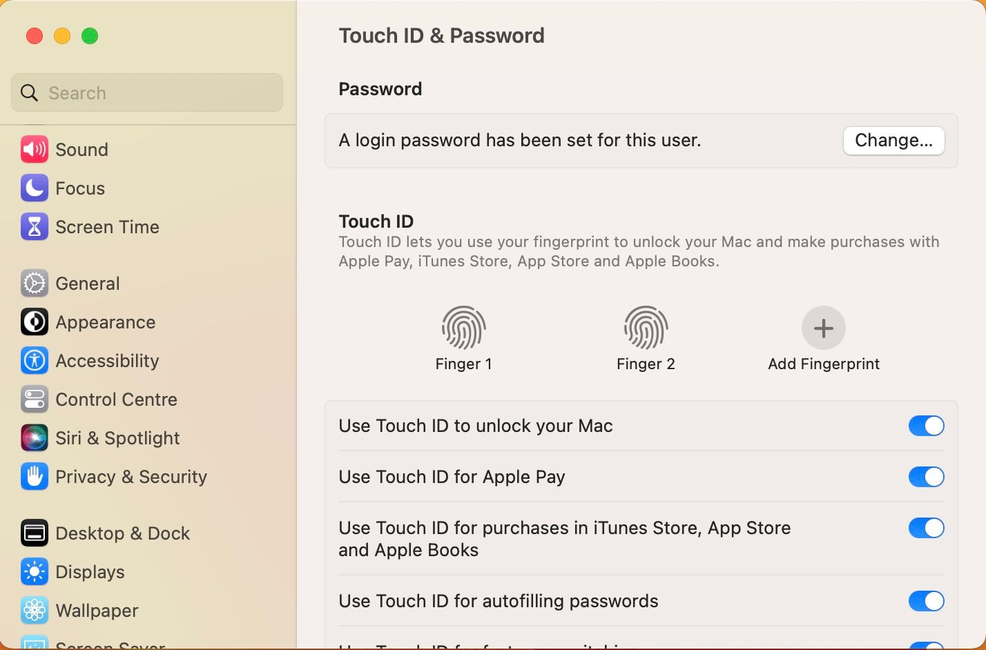 Capture d'écran de Touch ID et du mot de passe dans les paramètres du système.